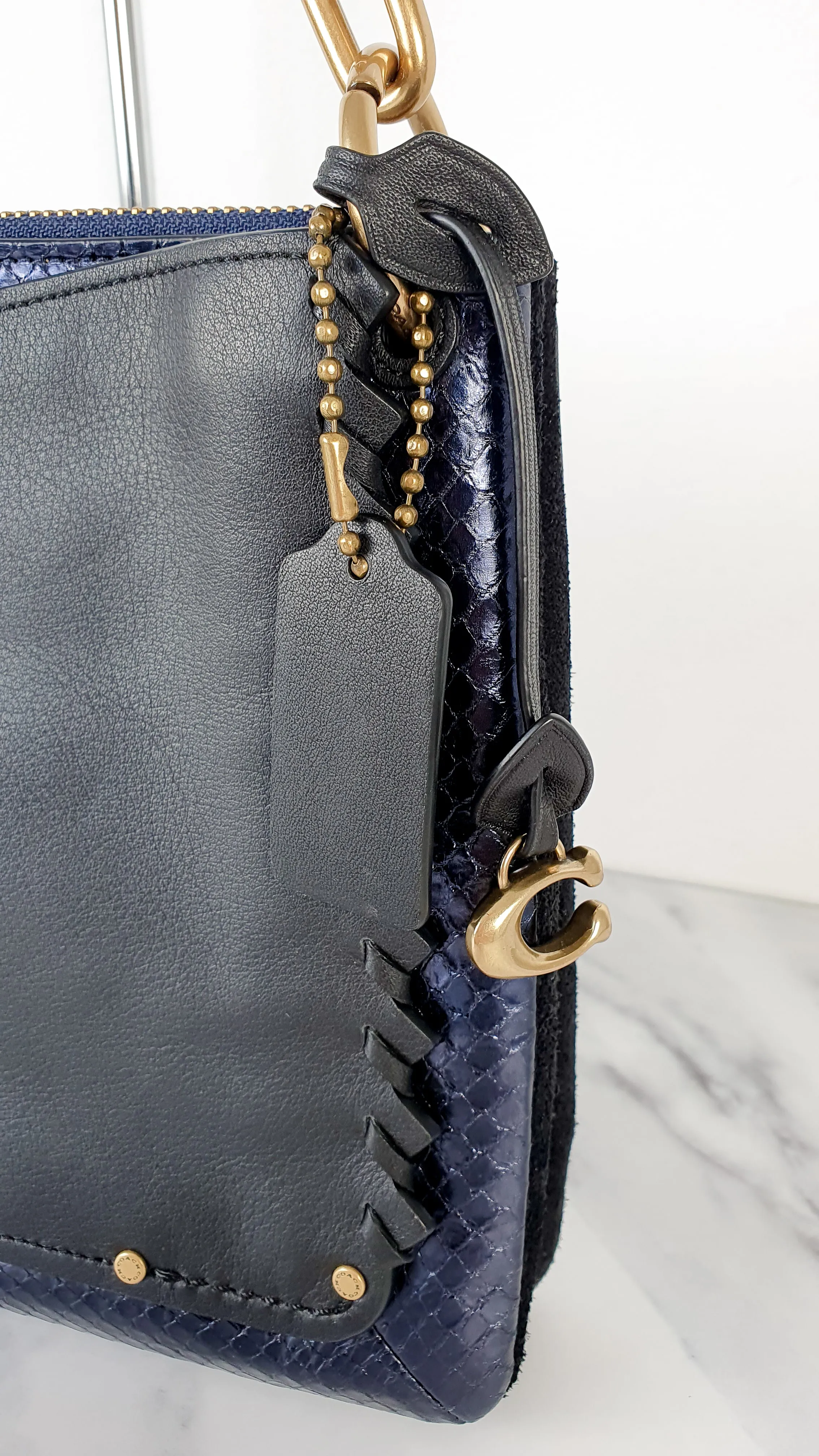 Coach Dreamer Shoulder Bag Crossbody in Black and Blue with Whipstitch and Snakeskin - Mixed Leather & Suede - Sample Bag