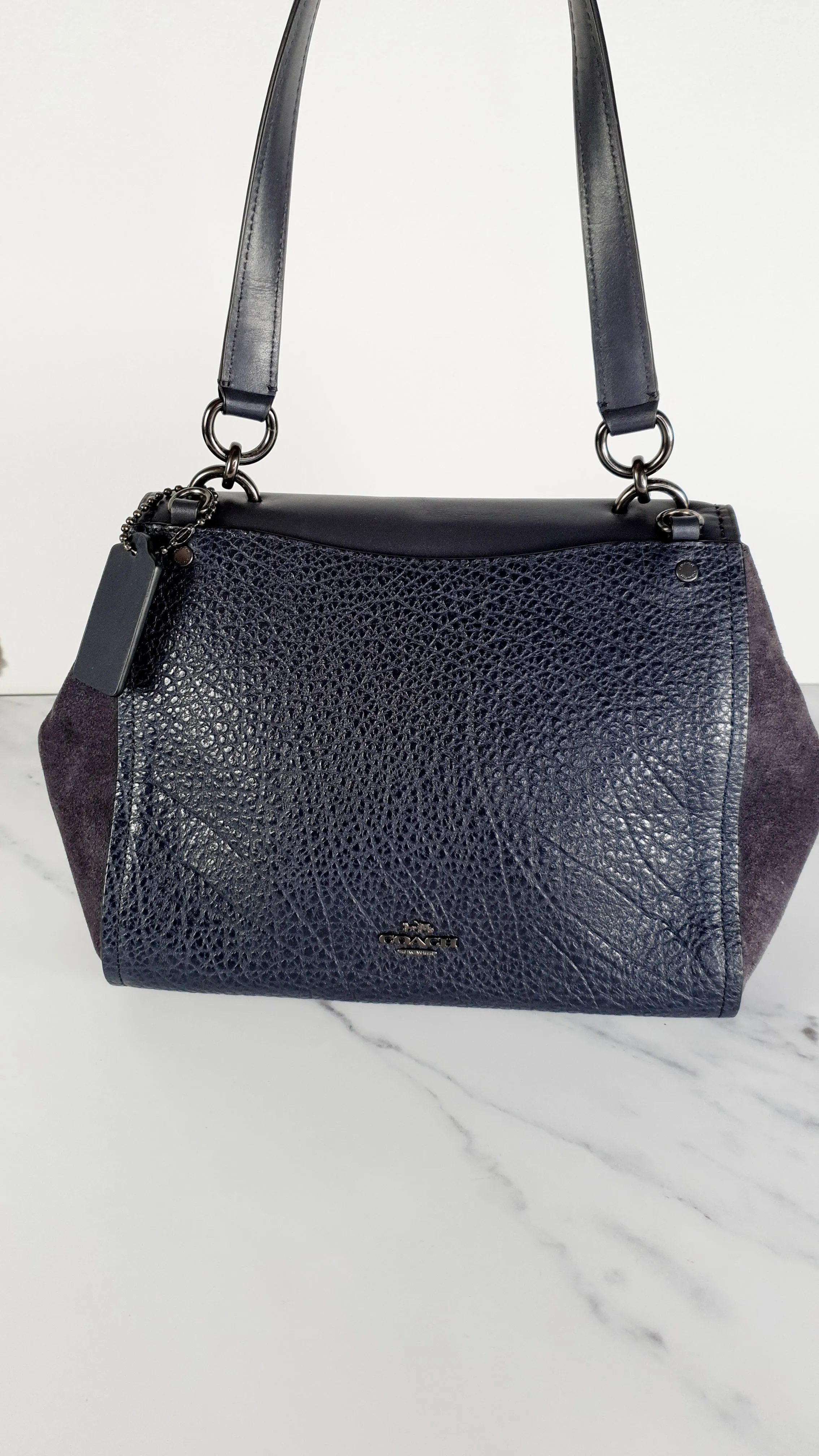 Coach Faye in Dark Blue Navy Mixed Leather & Suede Flap Bag Turnlock Tophandle Crossbody - Coach F22348