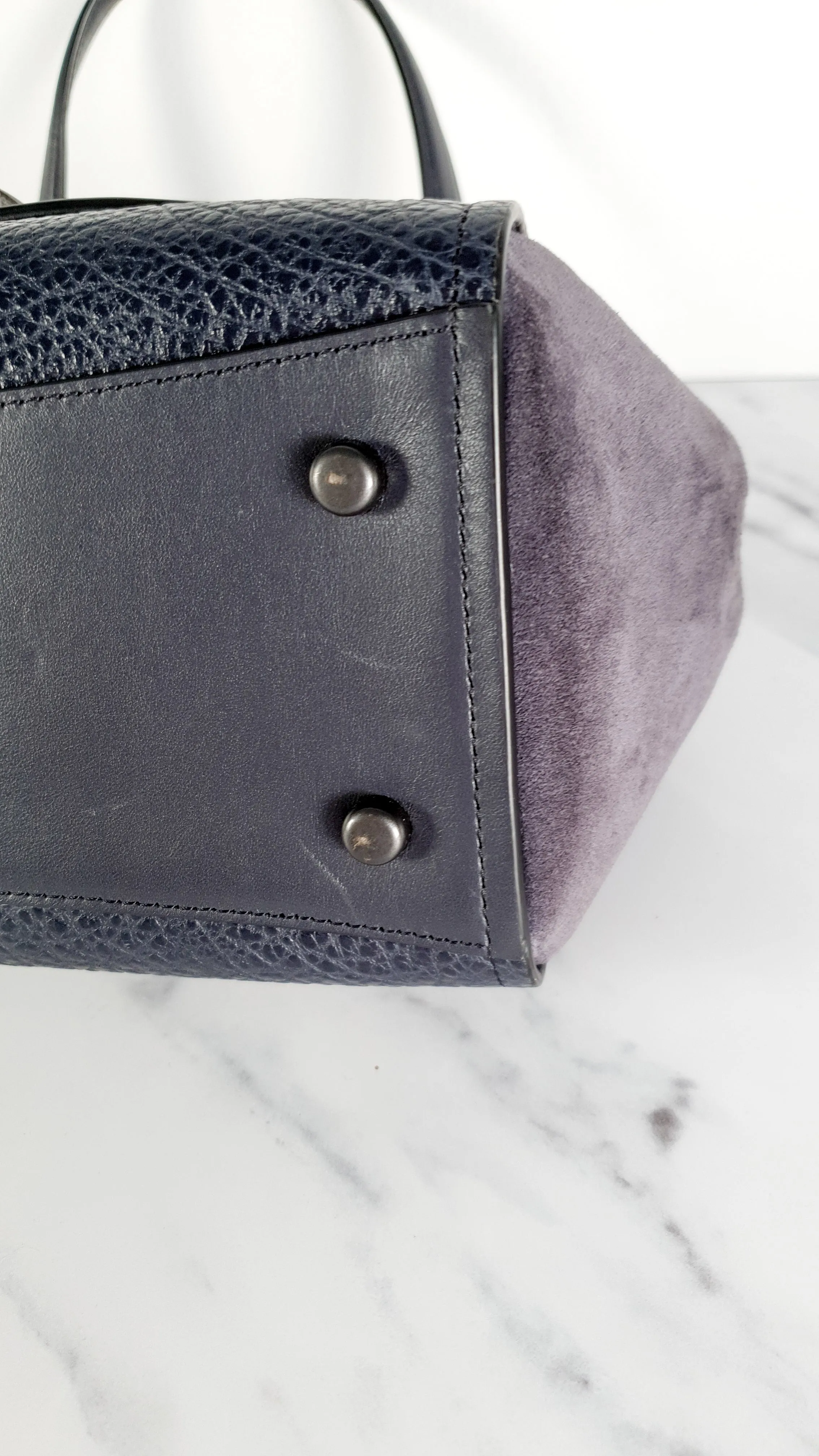 Coach Faye in Dark Blue Navy Mixed Leather & Suede Flap Bag Turnlock Tophandle Crossbody - Coach F22348