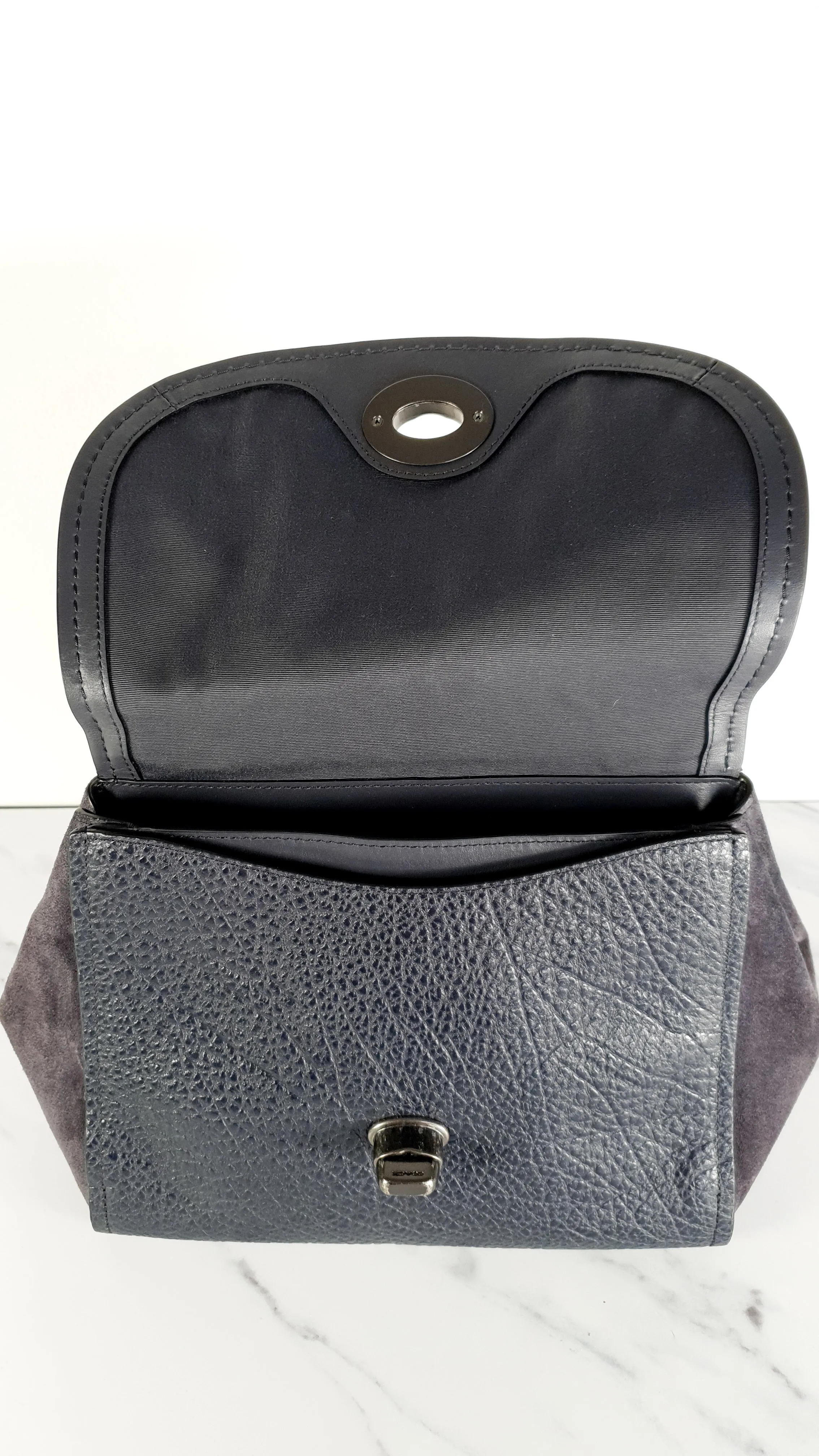 Coach Faye in Dark Blue Navy Mixed Leather & Suede Flap Bag Turnlock Tophandle Crossbody - Coach F22348