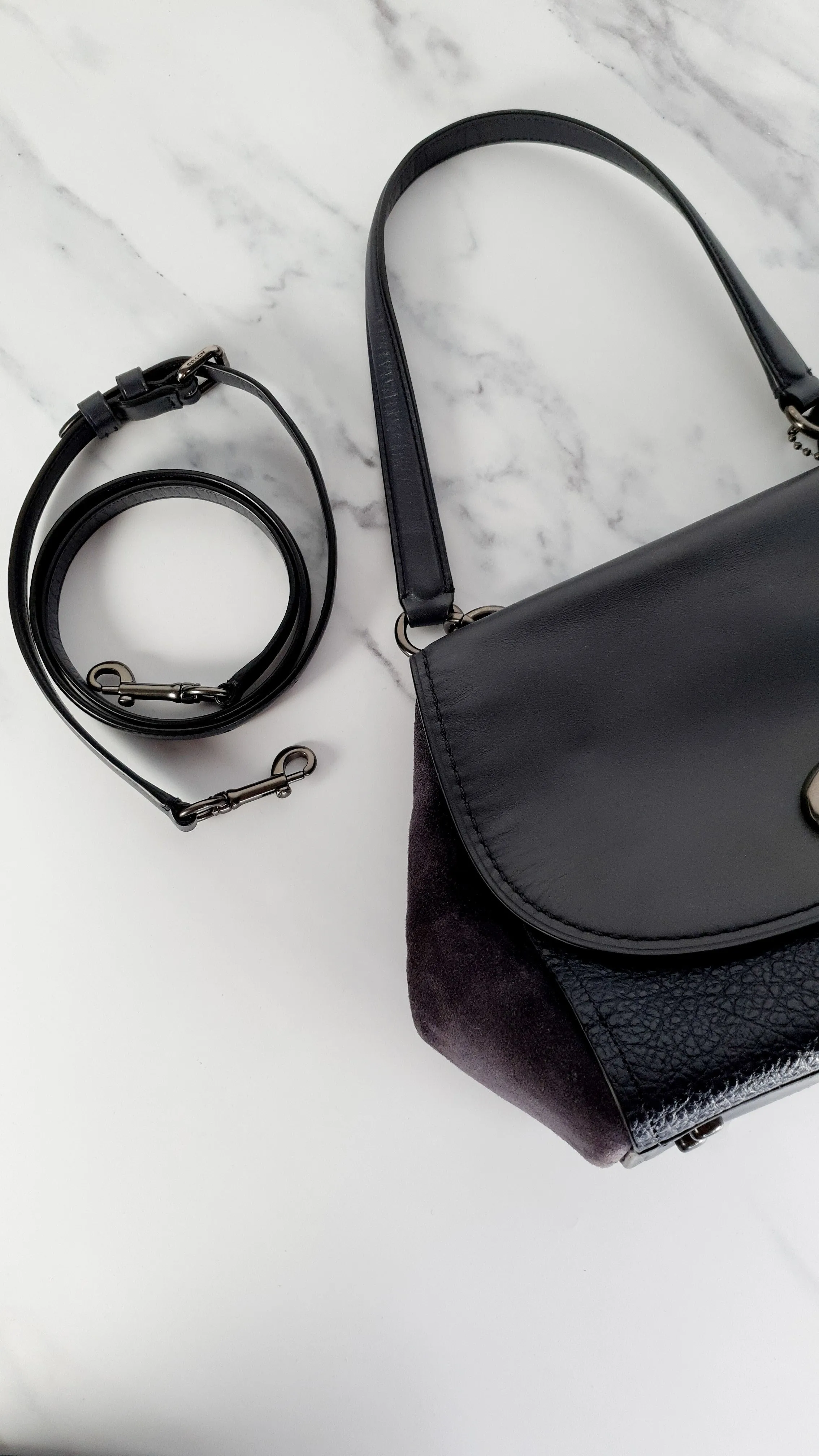 Coach Faye in Dark Blue Navy Mixed Leather & Suede Flap Bag Turnlock Tophandle Crossbody - Coach F22348