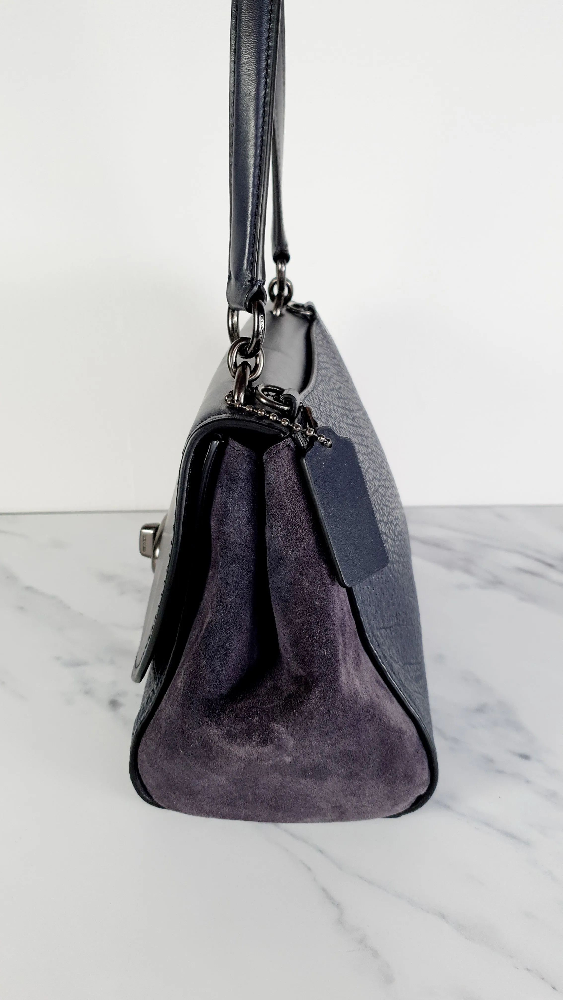 Coach Faye in Dark Blue Navy Mixed Leather & Suede Flap Bag Turnlock Tophandle Crossbody - Coach F22348