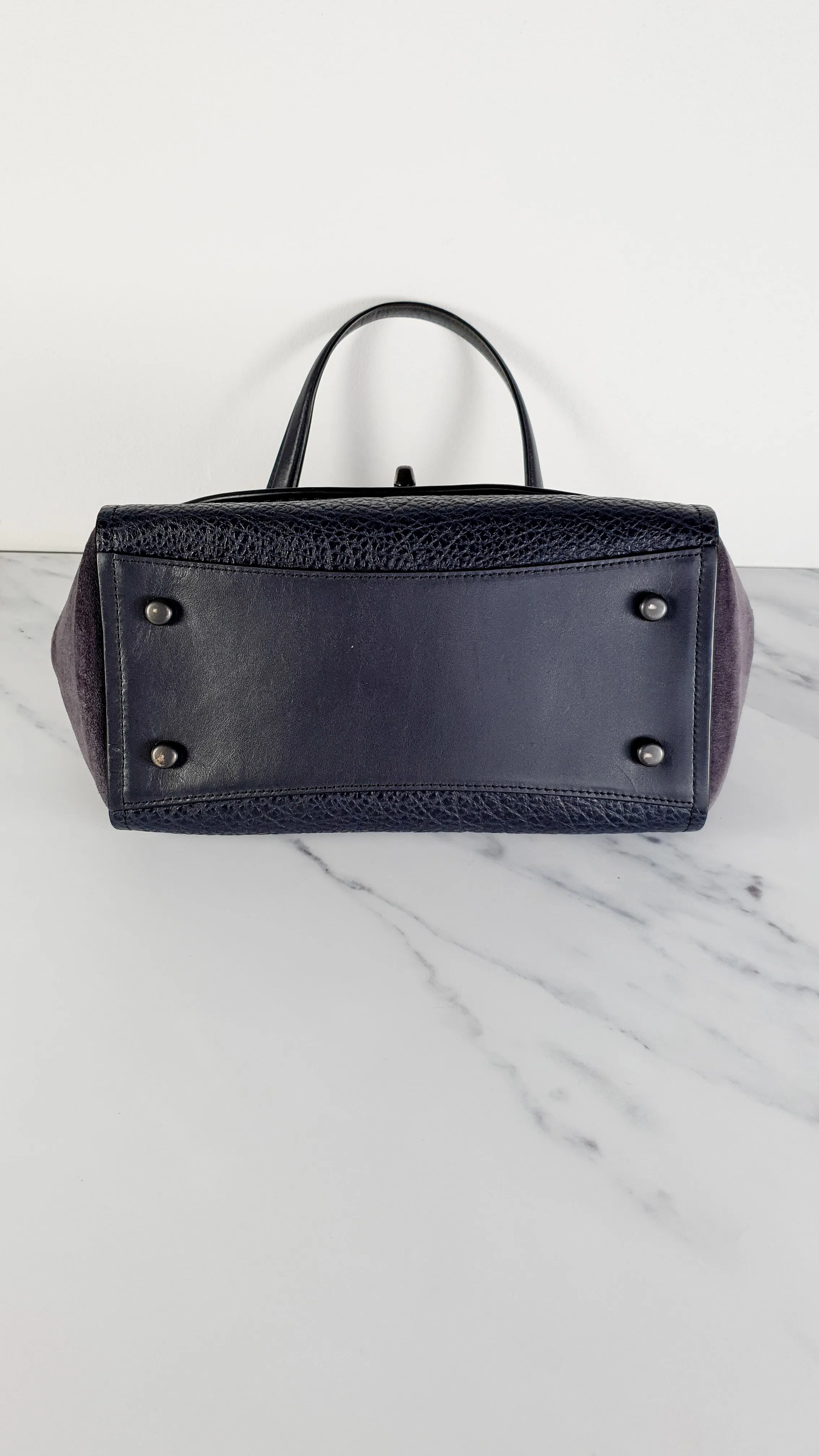 Coach Faye in Dark Blue Navy Mixed Leather & Suede Flap Bag Turnlock Tophandle Crossbody - Coach F22348