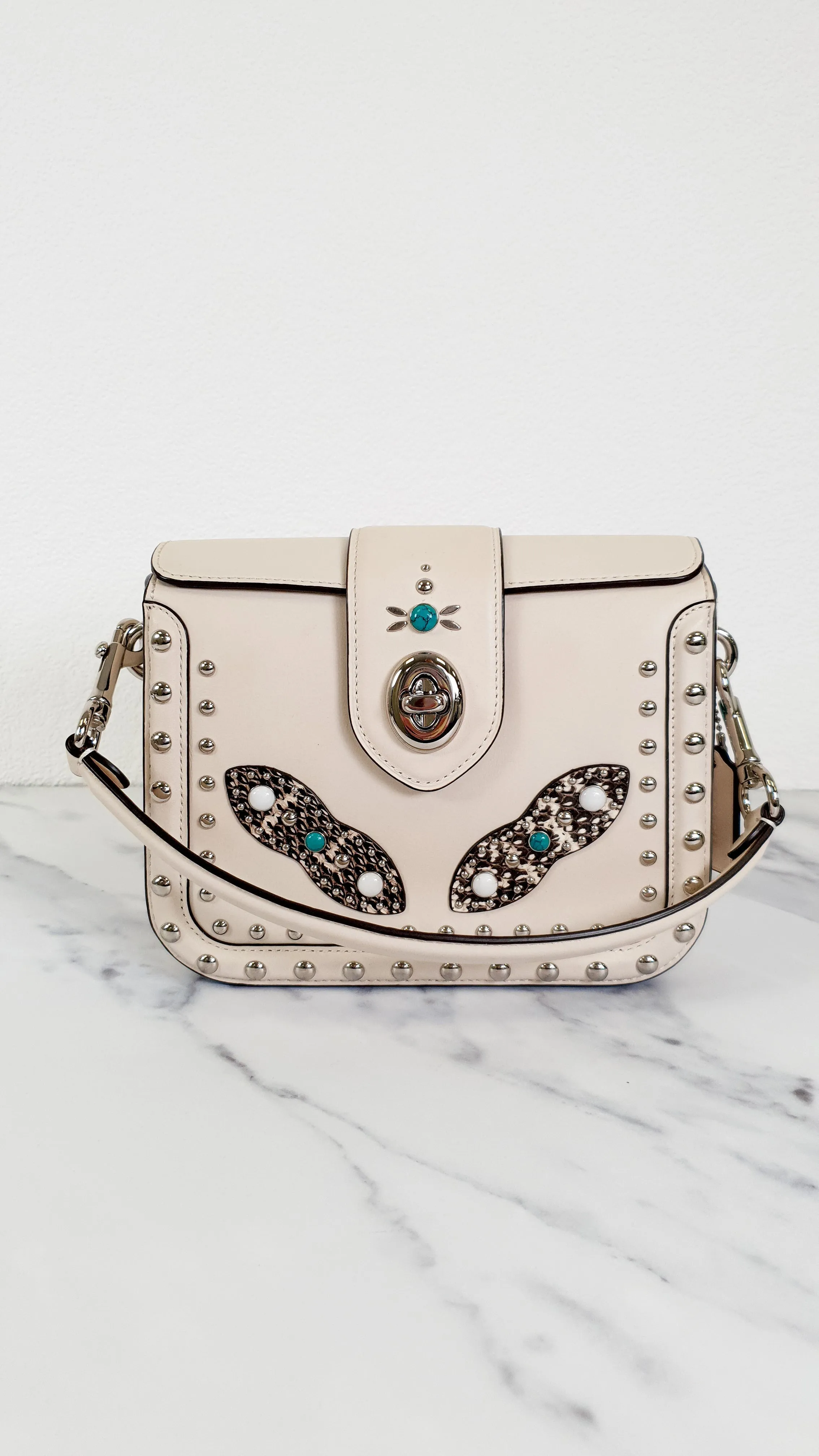 Coach Page Crossbody Bag in Chalk Smooth Leather With Western Rivets and Snakeskin - Handbag - Coach 86731