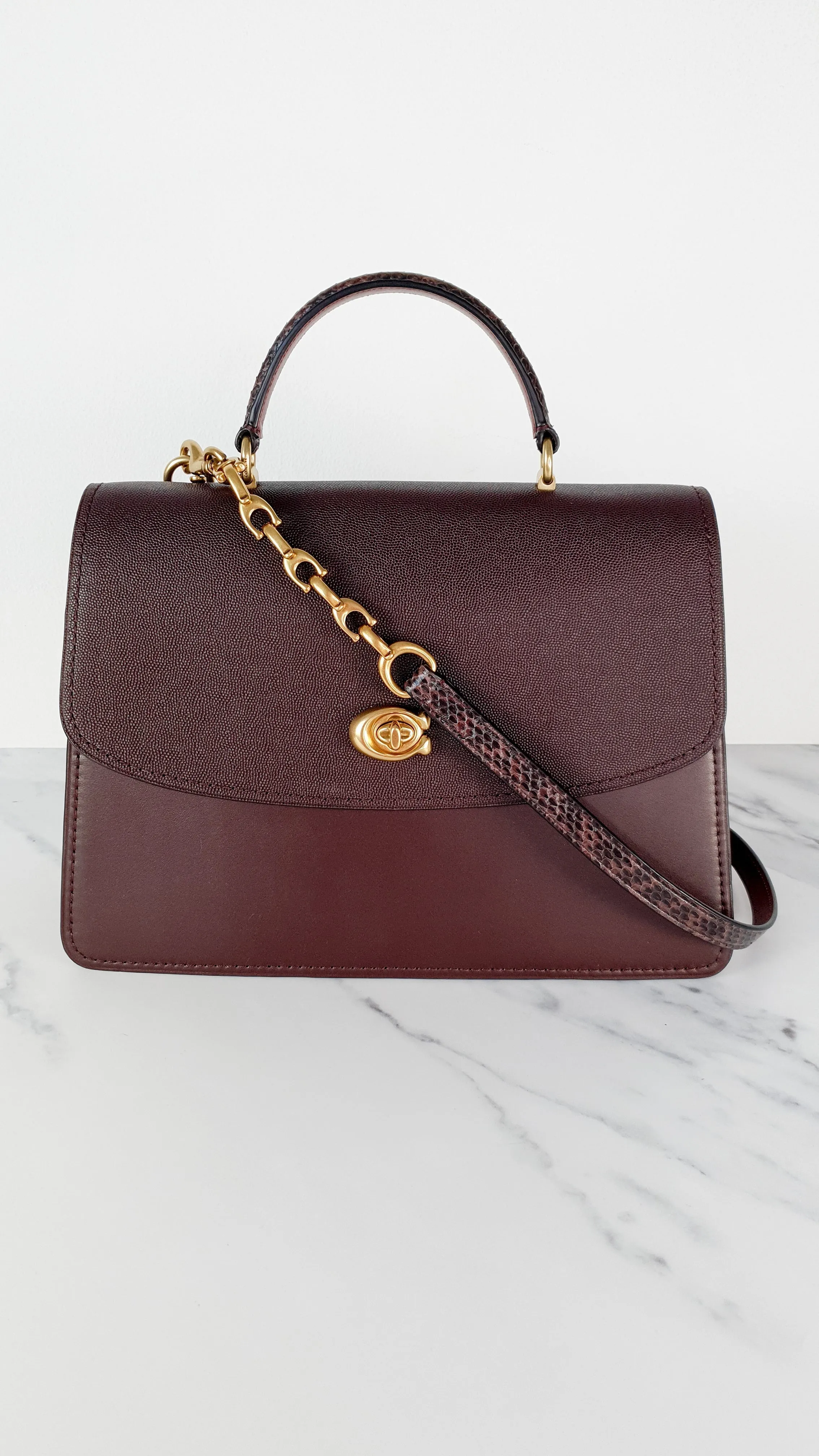 Coach Parker 32 Tophandle Carryall in Oxblood Burgundy Colorblock with Snakeskin Details - Handbag Exotic Crossbody Bag Coach 73969