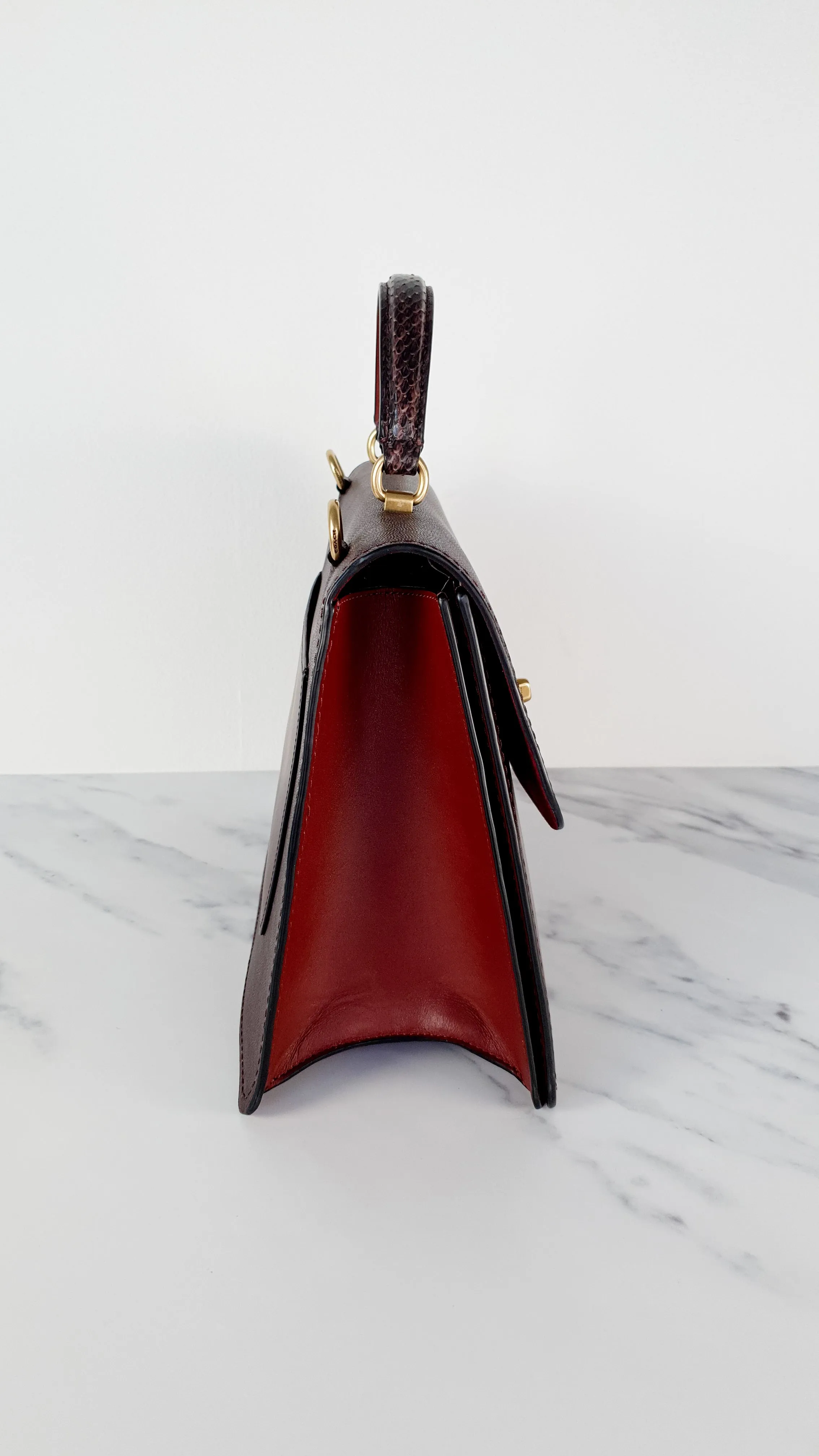 Coach Parker 32 Tophandle Carryall in Oxblood Burgundy Colorblock with Snakeskin Details - Handbag Exotic Crossbody Bag Coach 73969