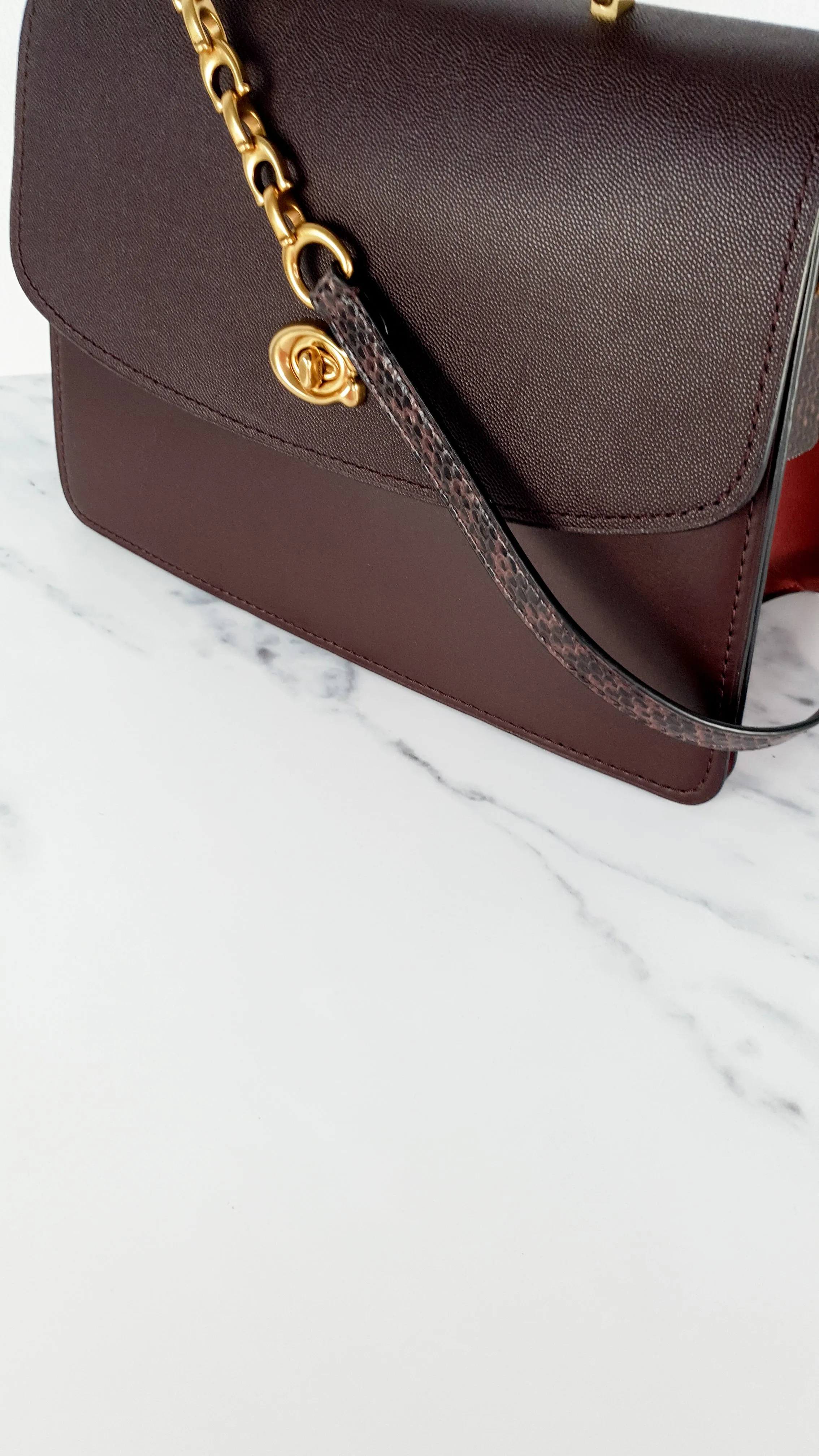 Coach Parker 32 Tophandle Carryall in Oxblood Burgundy Colorblock with Snakeskin Details - Handbag Exotic Crossbody Bag Coach 73969