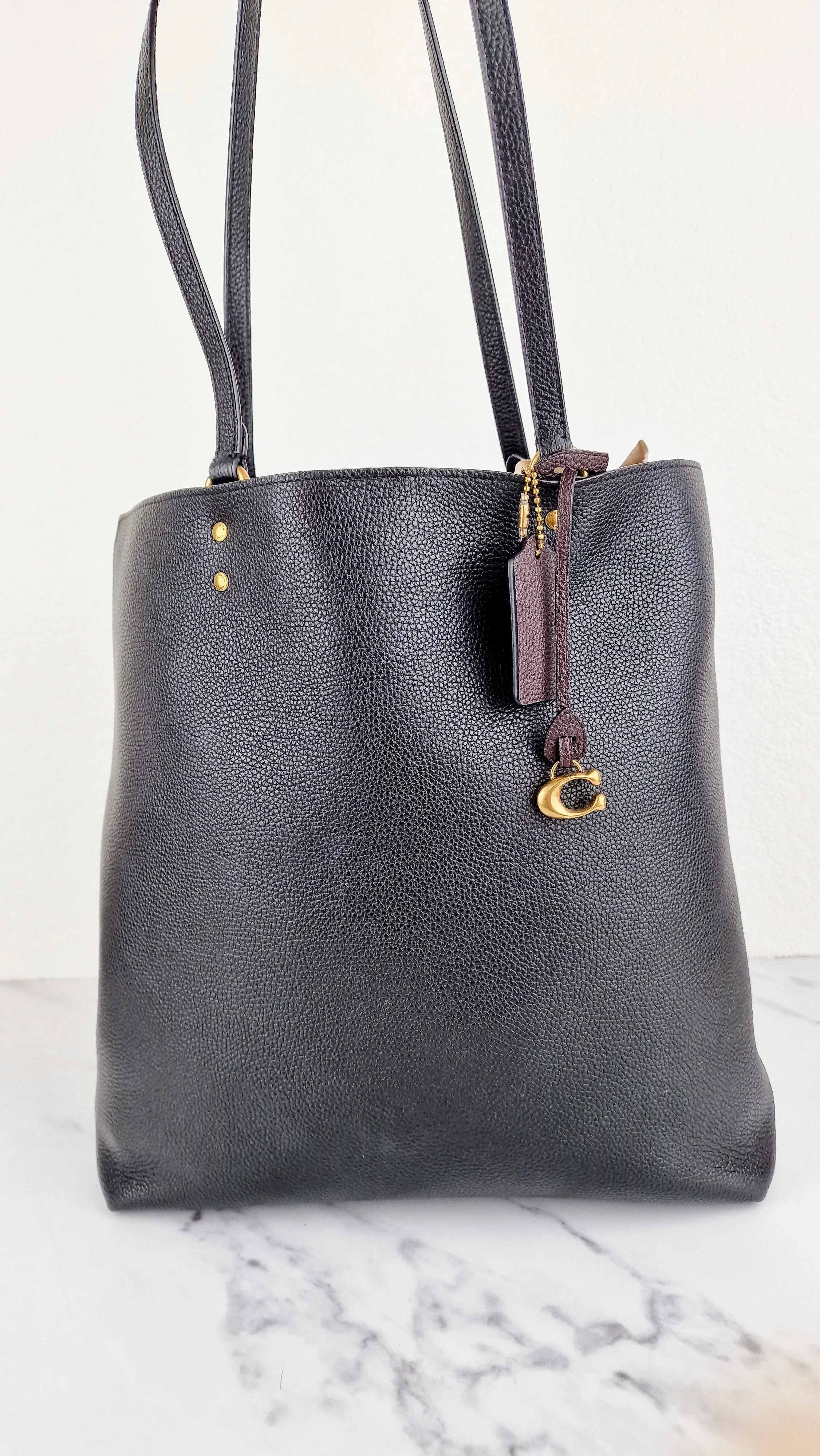 Coach Plaza Tote Bag in Black Pebble Leather with Brass Hardware & Coach C Charm - Coach 88341