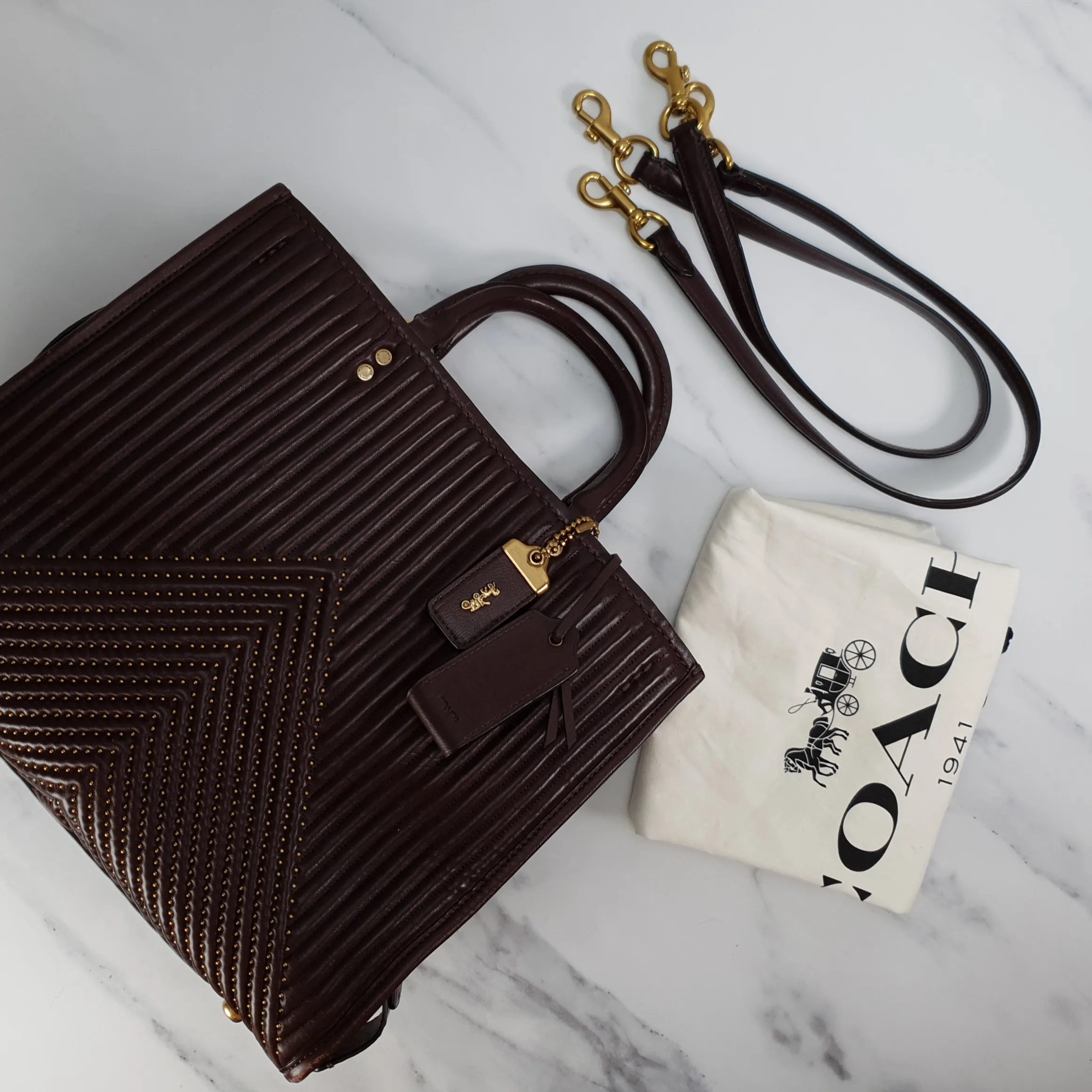 Coach Rogue 31 in Oxblood Quilted Nappa Leather Chevrons with Studs & Red Suede - SAMPLE BAG