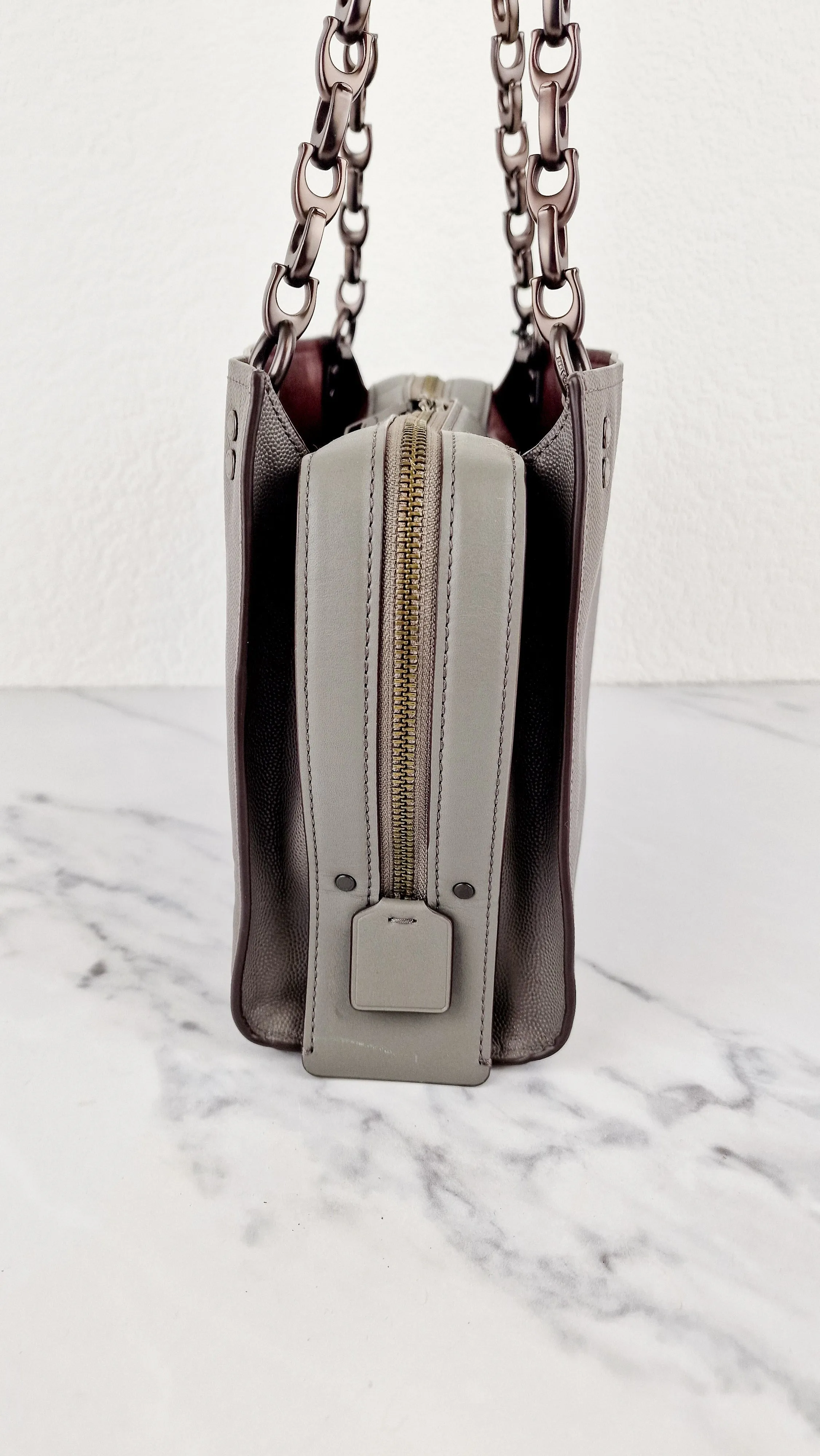 Coach Rogue Shoulder Bag in Grey Grain Leather with Oxblood Lining & C Chain - Coach 26829