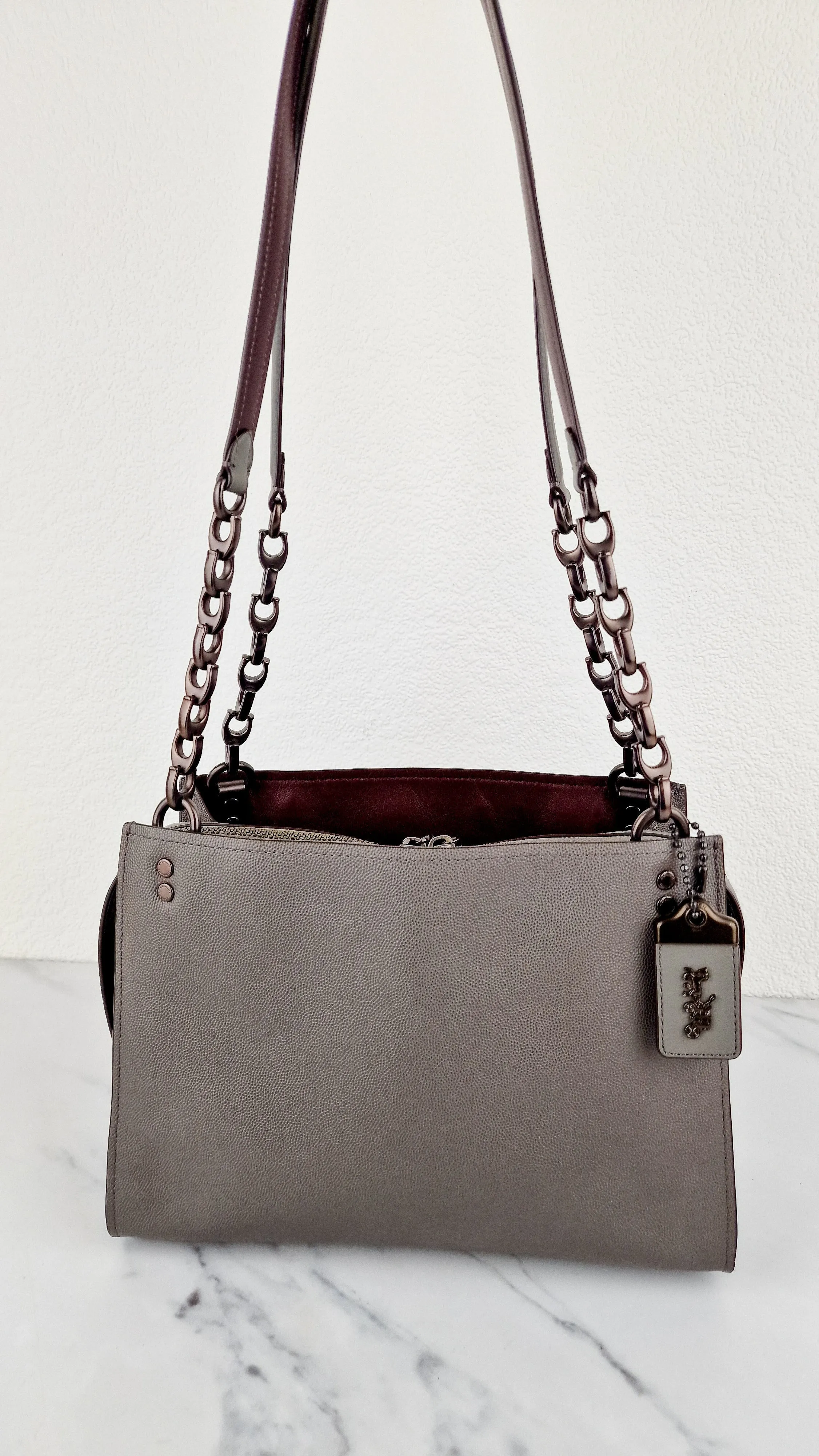 Coach Rogue Shoulder Bag in Grey Grain Leather with Oxblood Lining & C Chain - Coach 26829