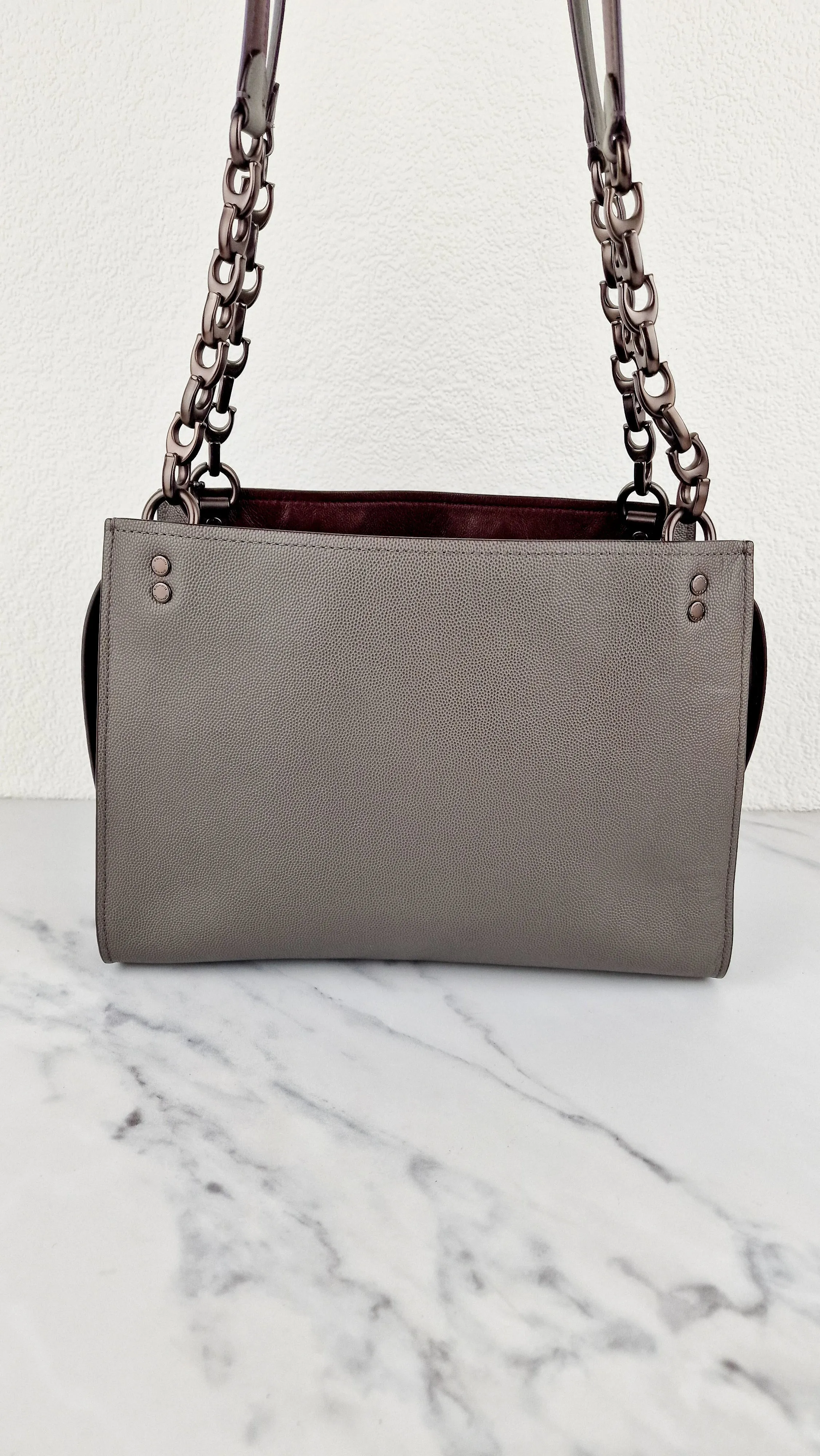 Coach Rogue Shoulder Bag in Grey Grain Leather with Oxblood Lining & C Chain - Coach 26829