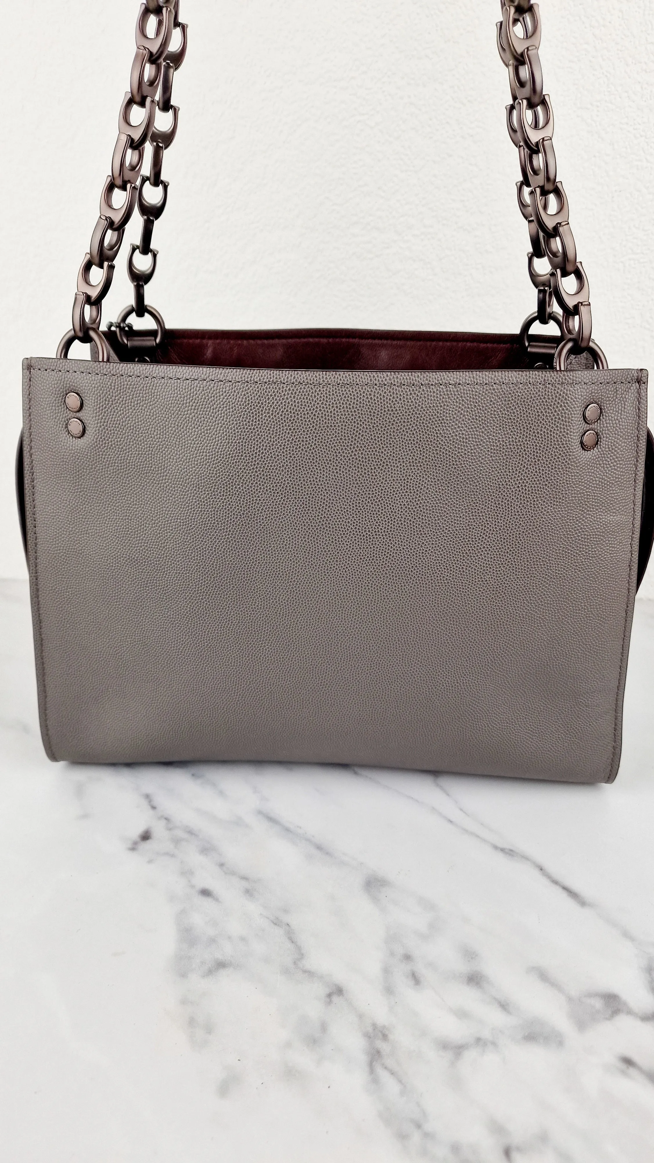 Coach Rogue Shoulder Bag in Grey Grain Leather with Oxblood Lining & C Chain - Coach 26829