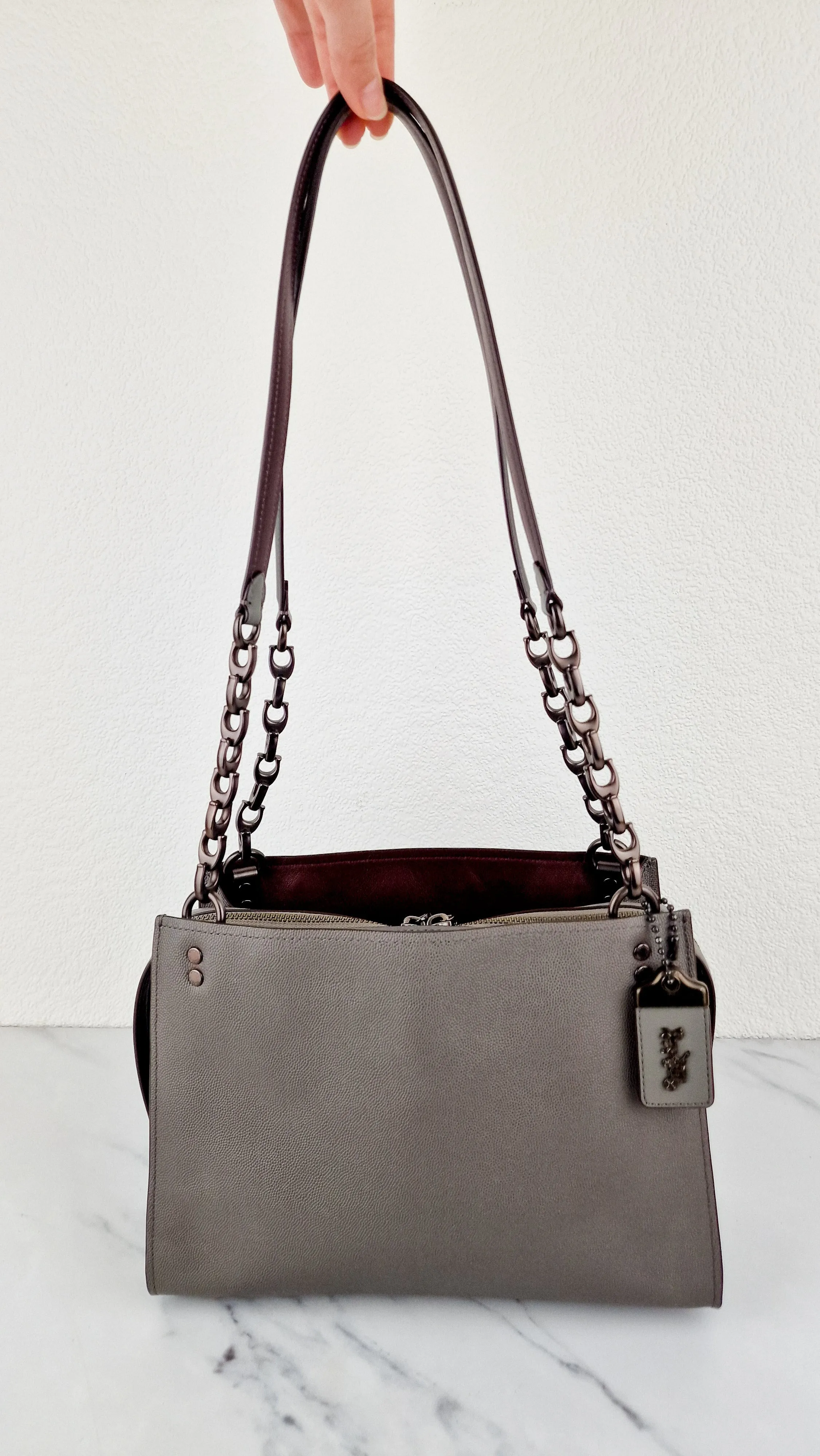 Coach Rogue Shoulder Bag in Grey Grain Leather with Oxblood Lining & C Chain - Coach 26829