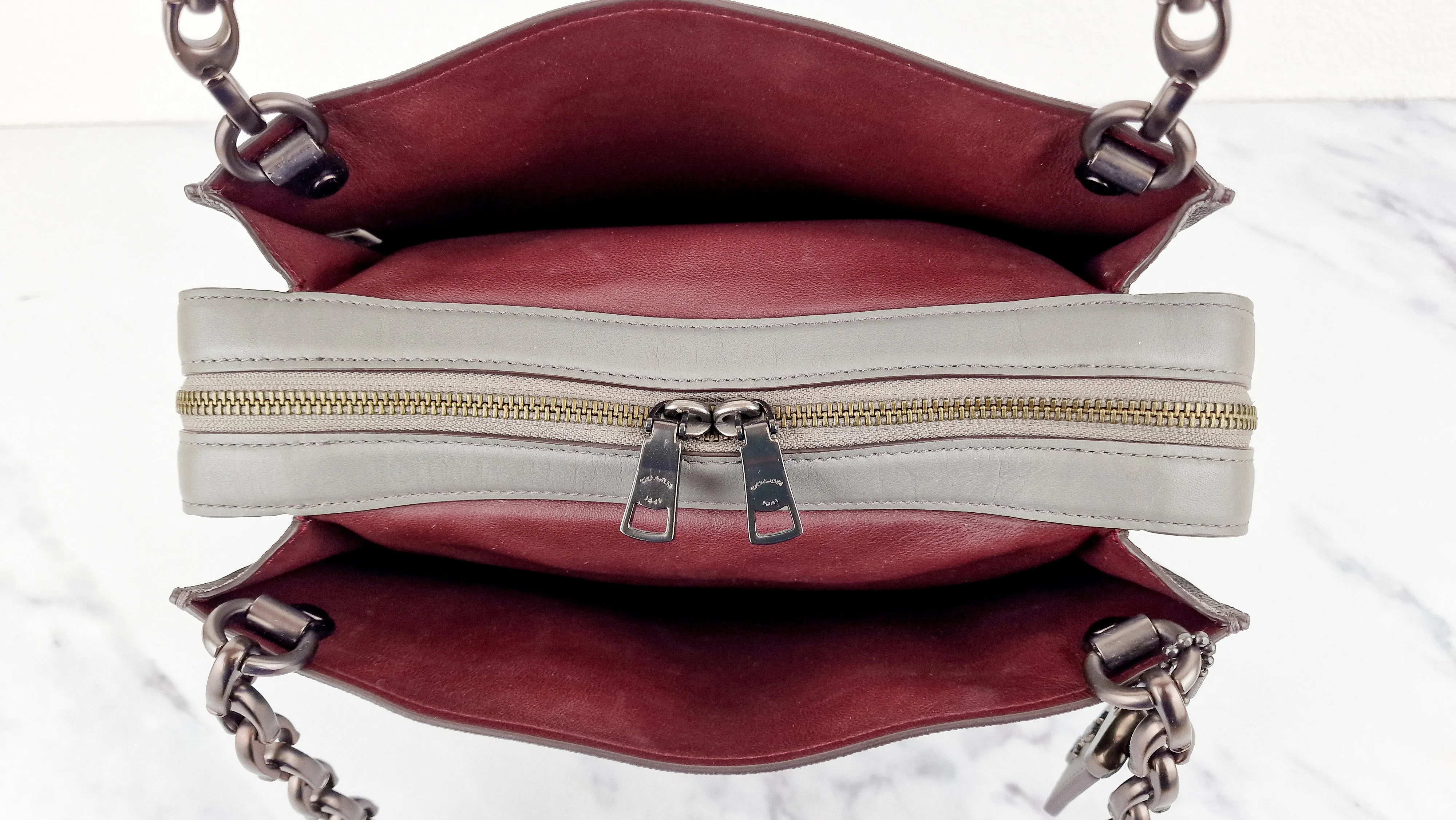 Coach Rogue Shoulder Bag in Grey Grain Leather with Oxblood Lining & C Chain - Coach 26829
