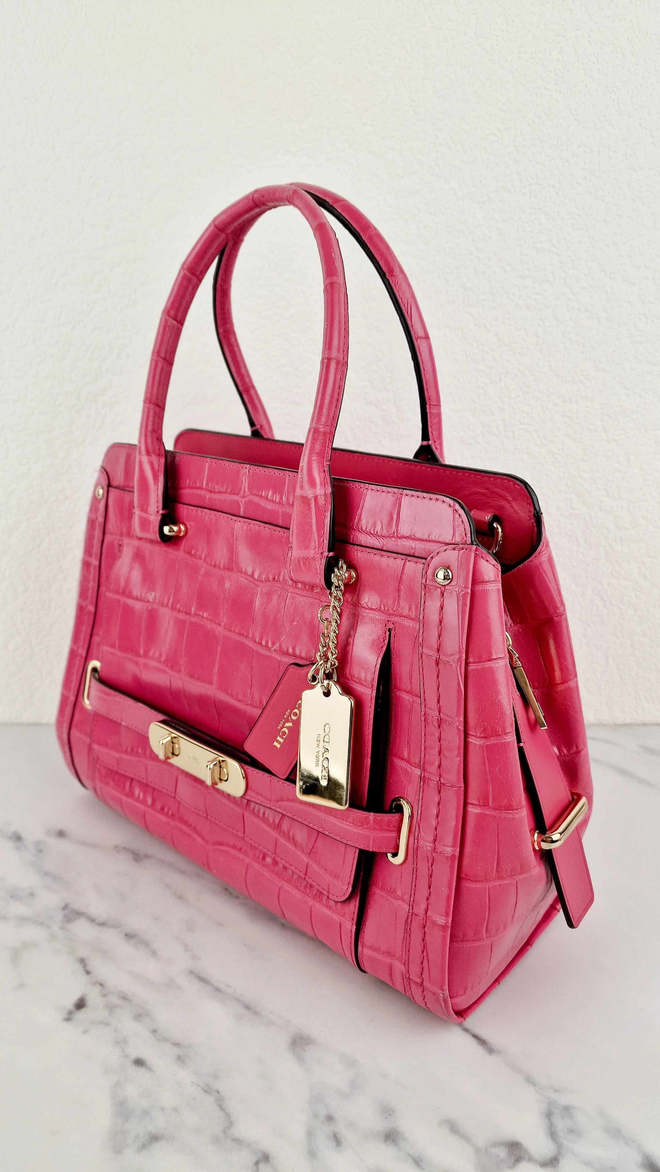 Coach Swagger Frame Bag in Pink Croc Embossed Leather - Handbag Crossbody Bag - Coach 37998