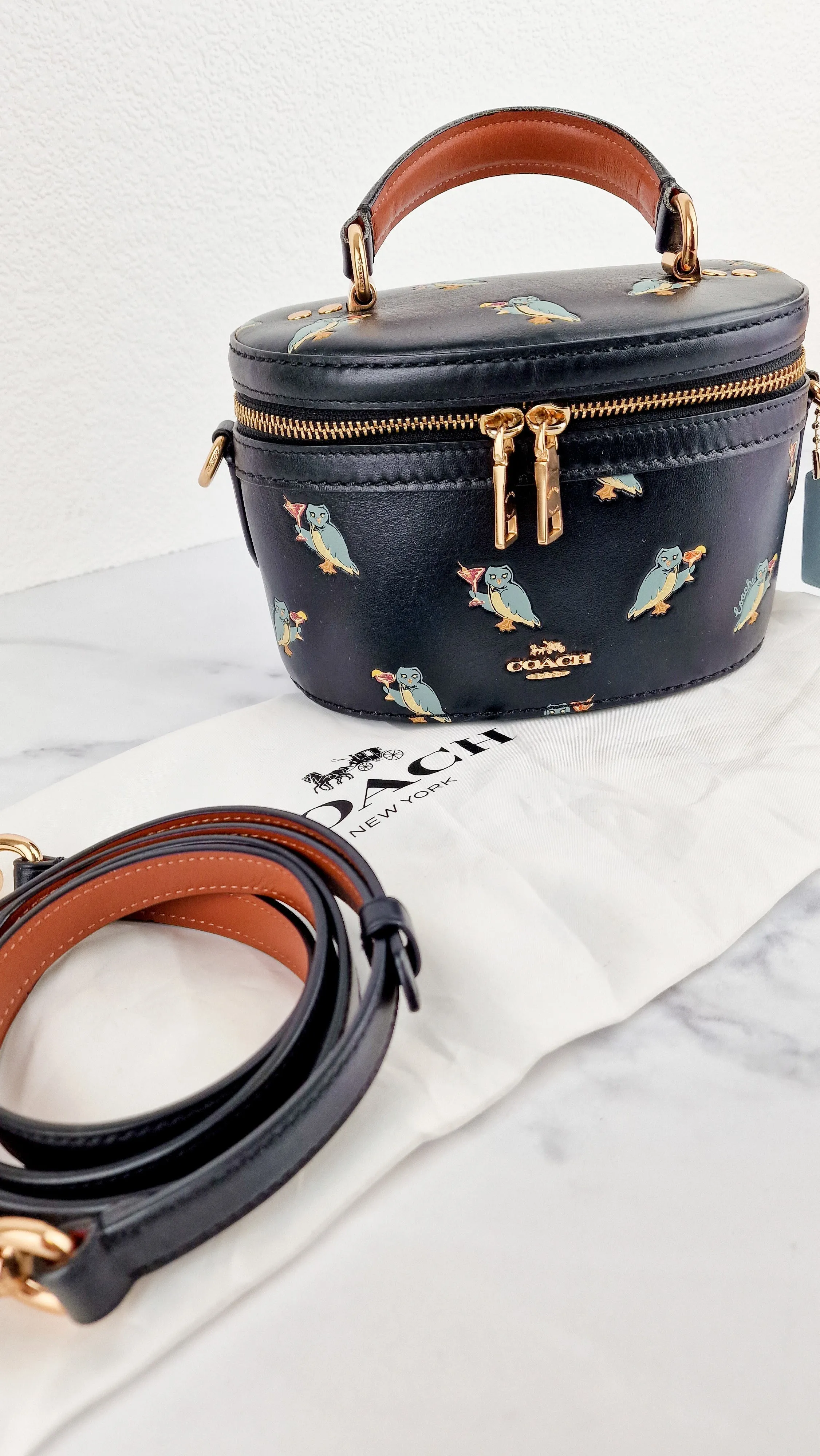 Coach Trail Bag With Party Owls in Black Smooth Leather Crossbody Bag - Coach 38603