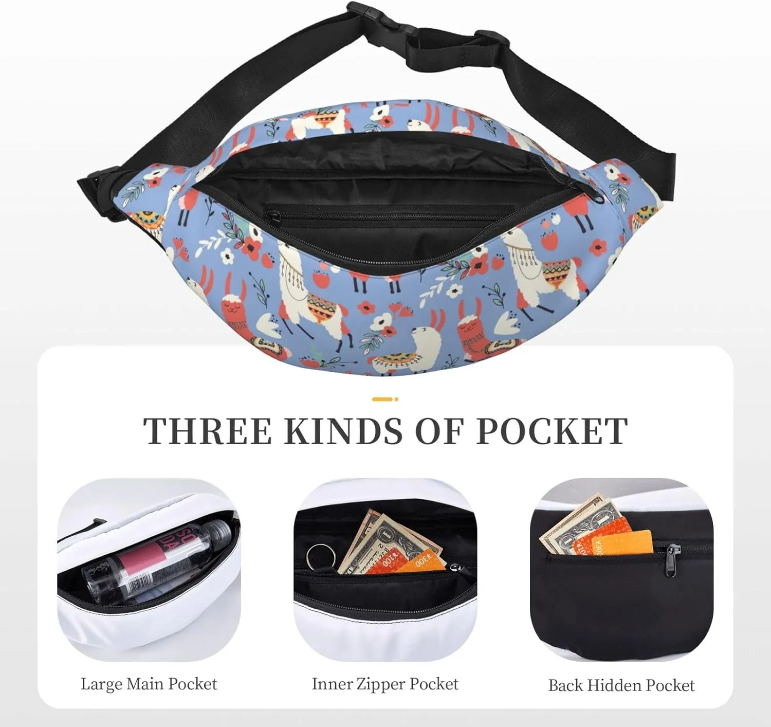 Fanny Pack for Women Men,Cute Llama Large Crossbody Waist Pack Belt Bag for Workout Hiking Running Travel, Onesize