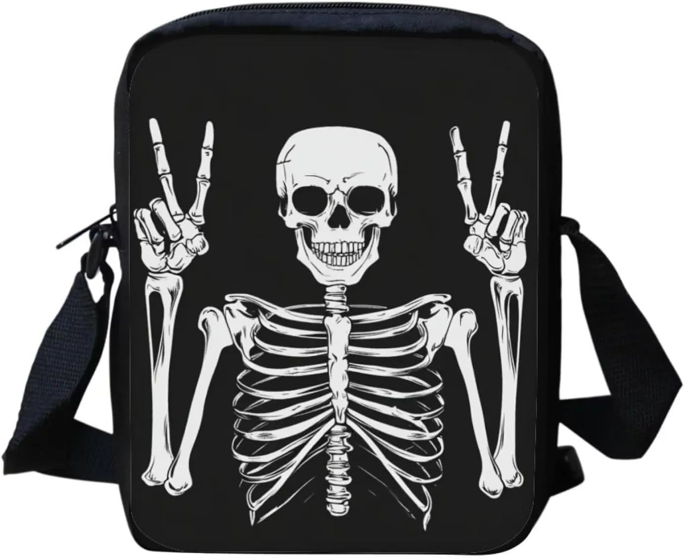 Funny Skeleton Women's Wallet Zip Small Crossbody Bag with Adjustable Strap Black Mini Messenger Bag Portable Travel Bag Cellphone Purses Bags