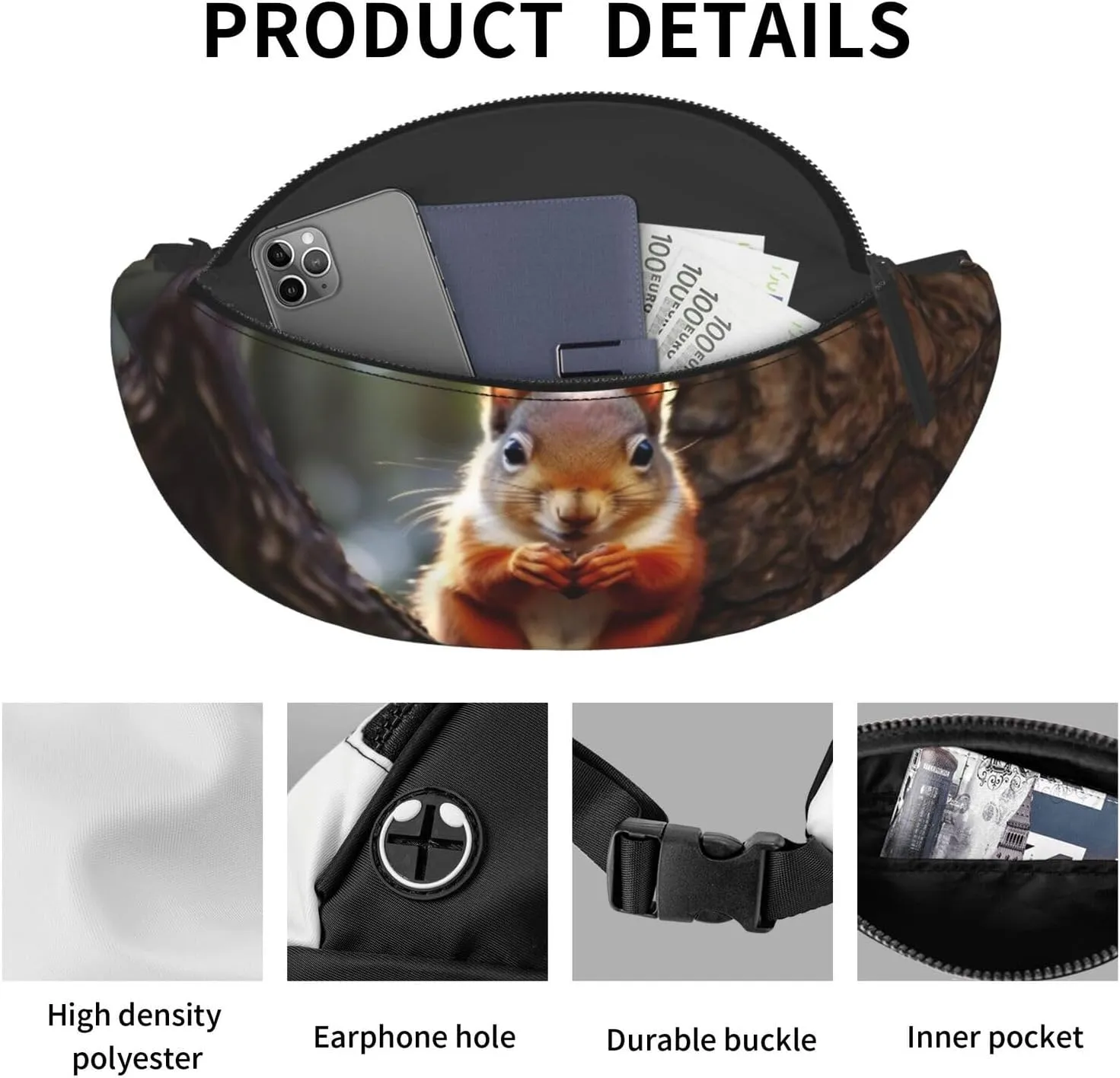 Funny Squirrel Print Fanny Pack/Waist Bag For Festival Rave Hiking Running Cycling