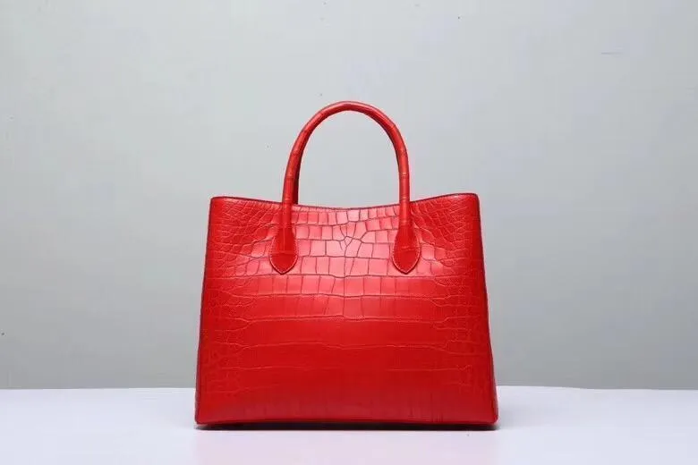 Genuine Crocodile Belly Leather Top Handle Bags For Women Red 35cm