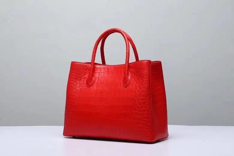 Genuine Crocodile Belly Leather Top Handle Bags For Women Red 35cm