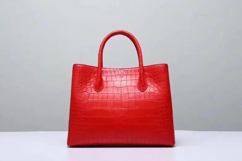 Genuine Crocodile Belly Leather Top Handle Bags For Women Red 35cm
