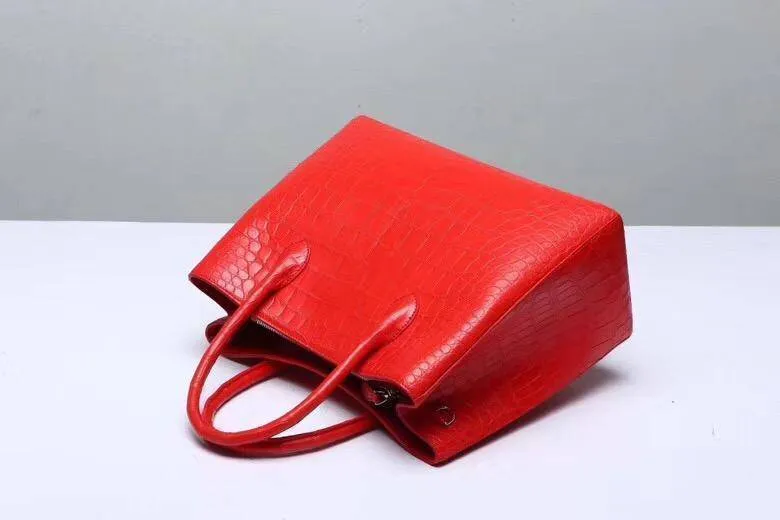 Genuine Crocodile Belly Leather Top Handle Bags For Women Red 35cm