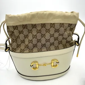 GUCCI Monogram Textured Calfskin Horsebit 1955 Drawstring Bucket Bag Beige Mystic White LA38617