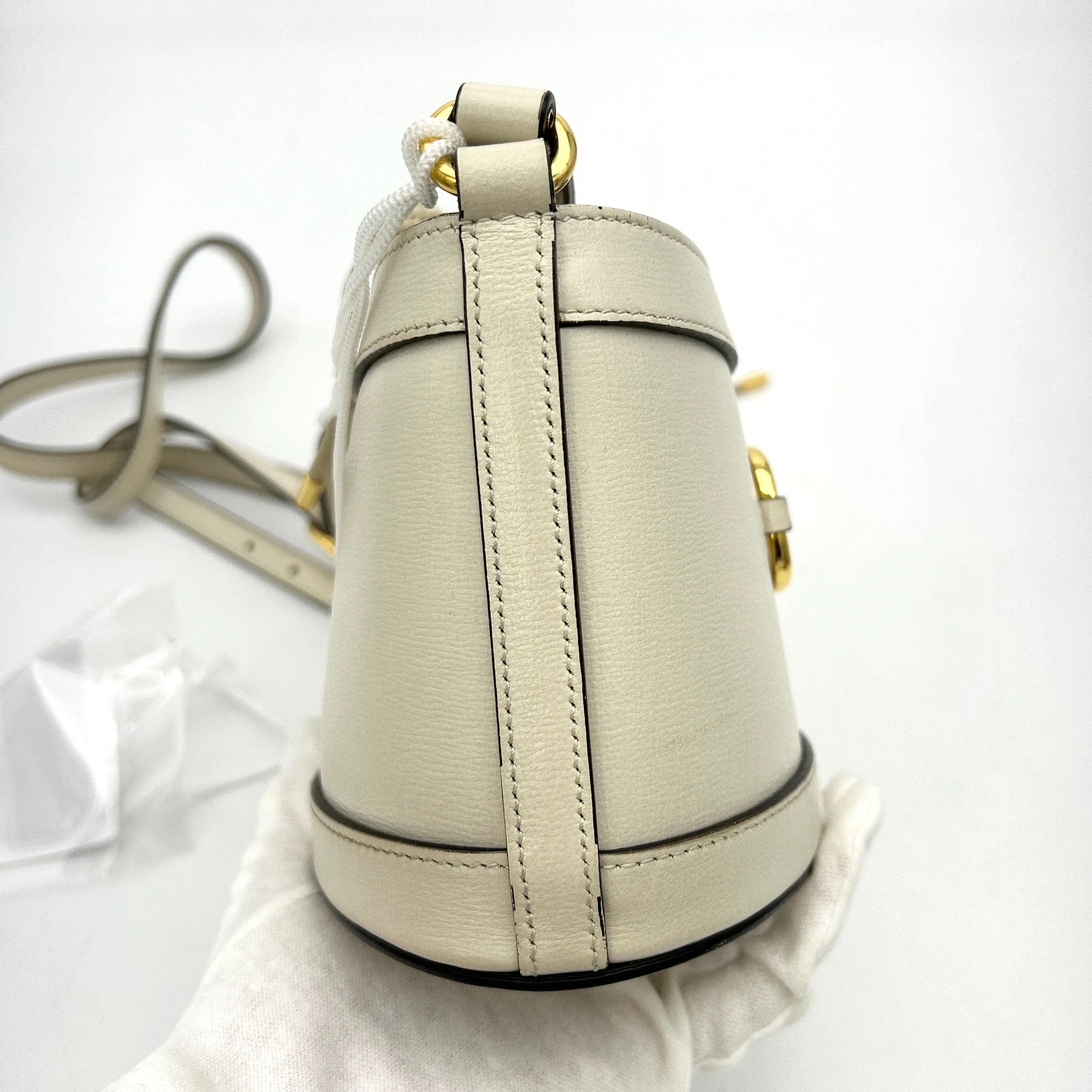 GUCCI Monogram Textured Calfskin Horsebit 1955 Drawstring Bucket Bag Beige Mystic White LA38617