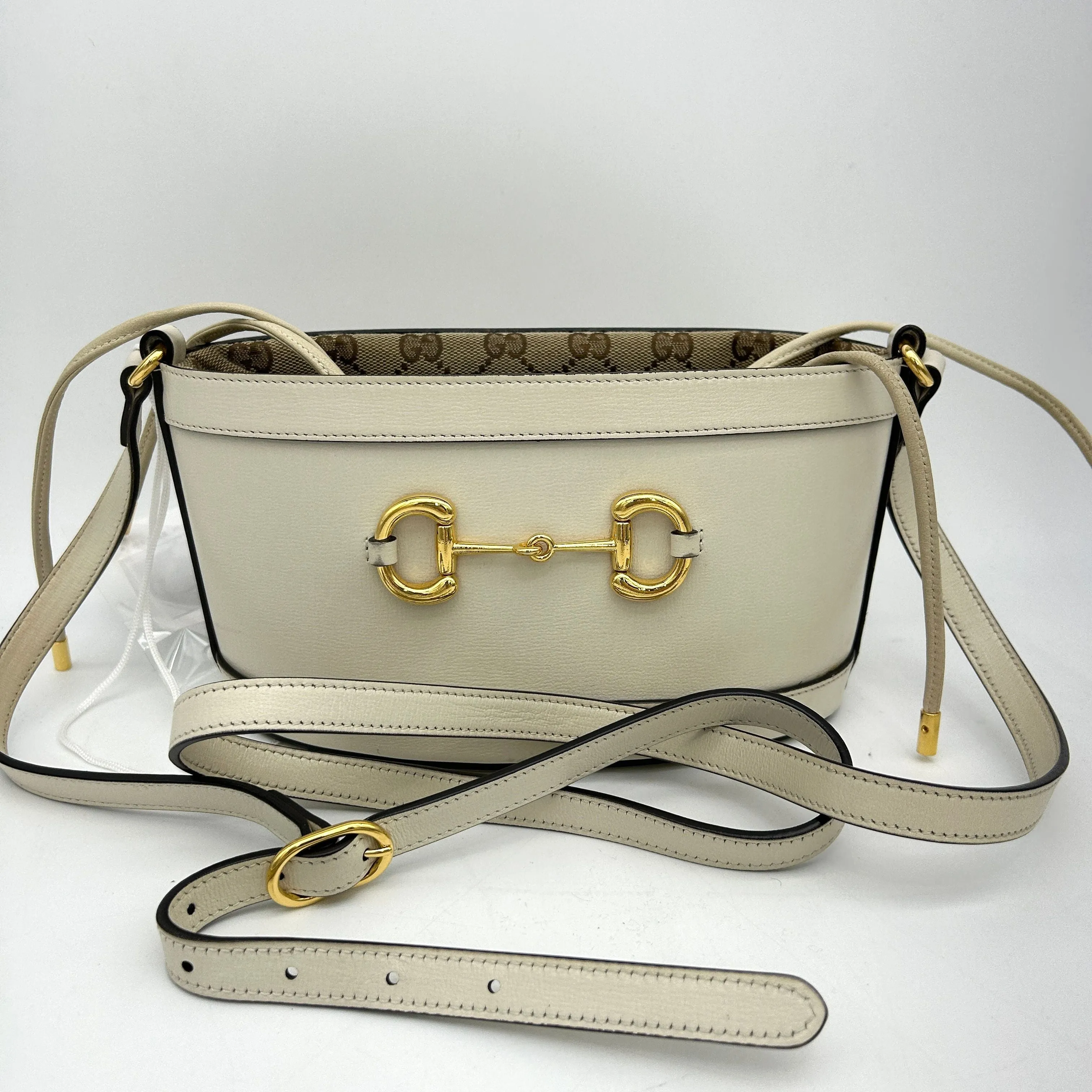 GUCCI Monogram Textured Calfskin Horsebit 1955 Drawstring Bucket Bag Beige Mystic White LA38617