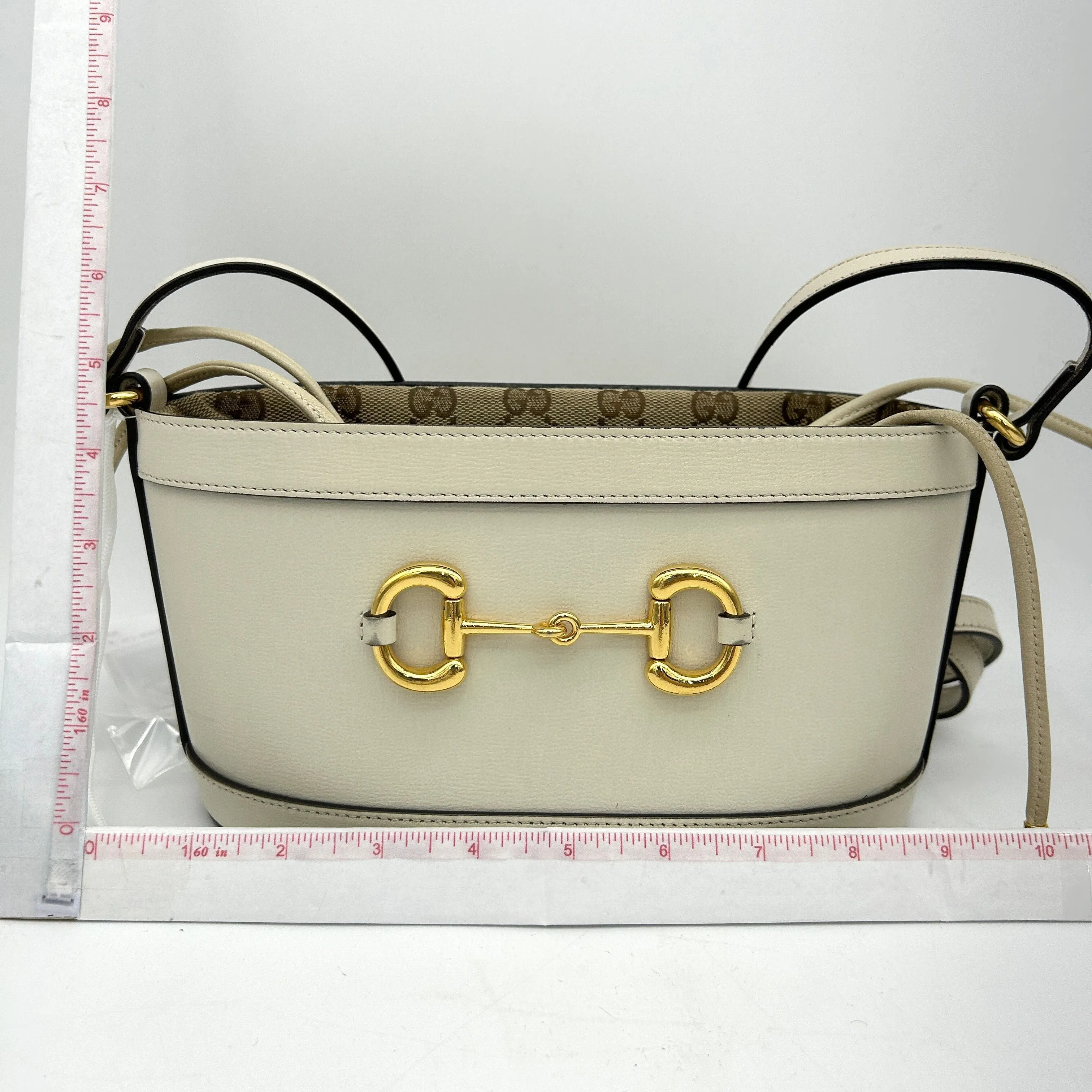 GUCCI Monogram Textured Calfskin Horsebit 1955 Drawstring Bucket Bag Beige Mystic White LA38617