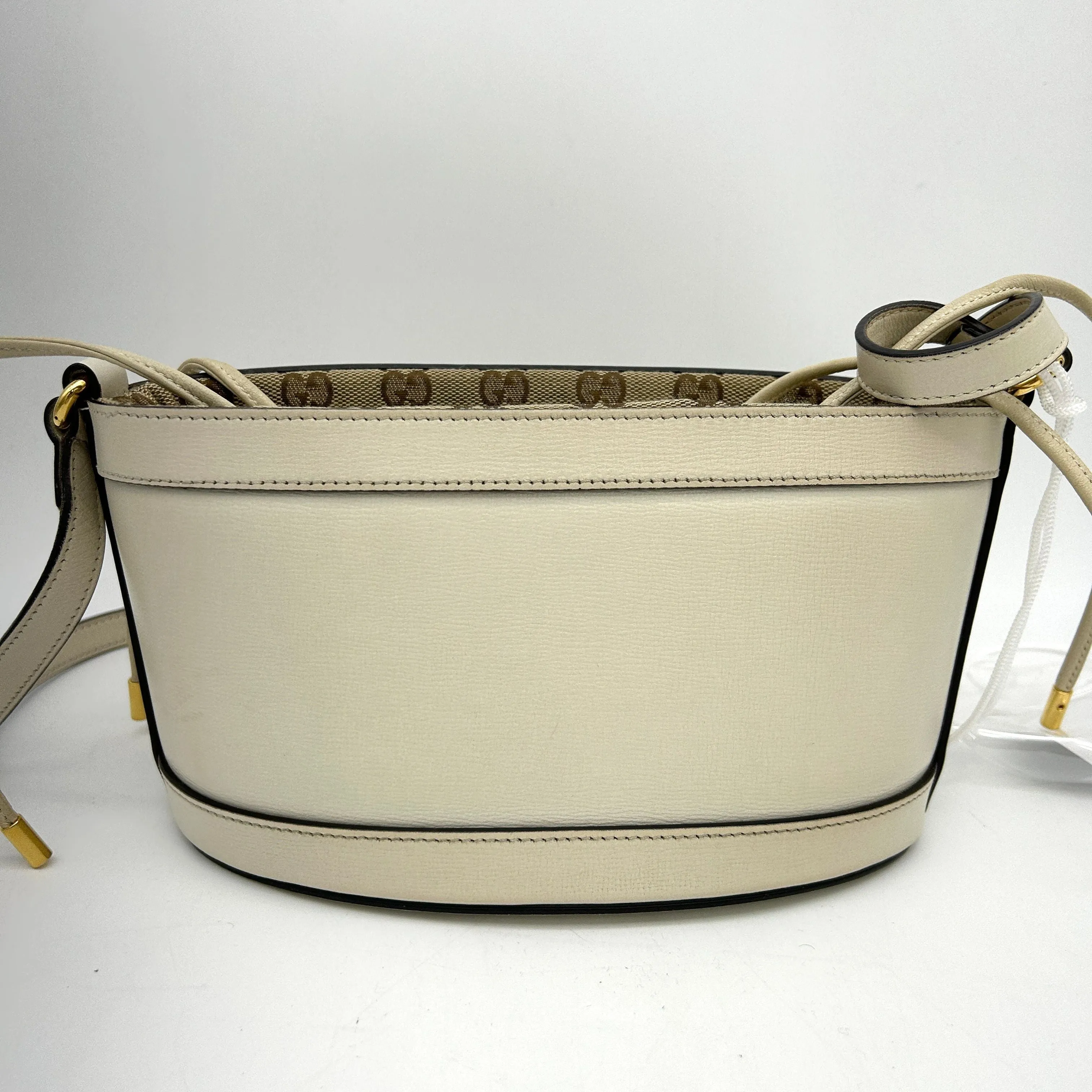 GUCCI Monogram Textured Calfskin Horsebit 1955 Drawstring Bucket Bag Beige Mystic White LA38617