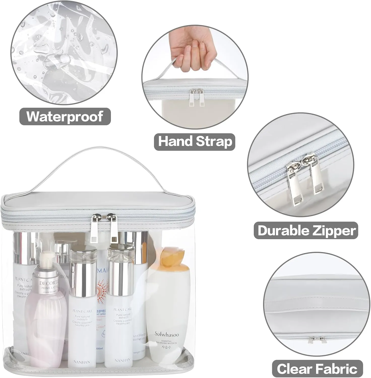 HAOGUAGUA Heavy Duty Leak Proof Clear Travel Bags for Toiletries, Transparent Makeup Cosmetic Bag with Zipper and Handle (1PCS Grey, Large)