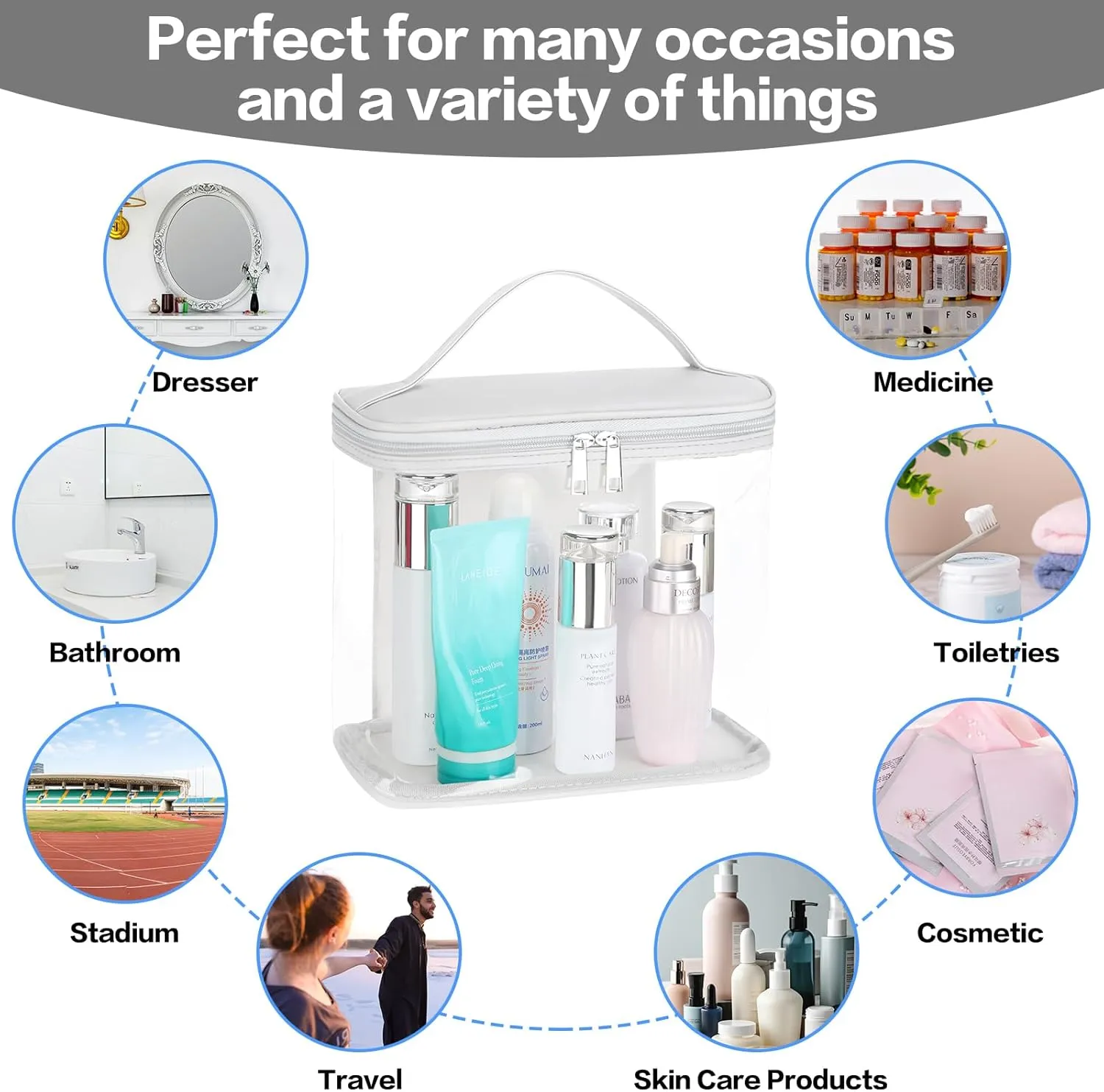 HAOGUAGUA Heavy Duty Leak Proof Clear Travel Bags for Toiletries, Transparent Makeup Cosmetic Bag with Zipper and Handle (1PCS Grey, Large)