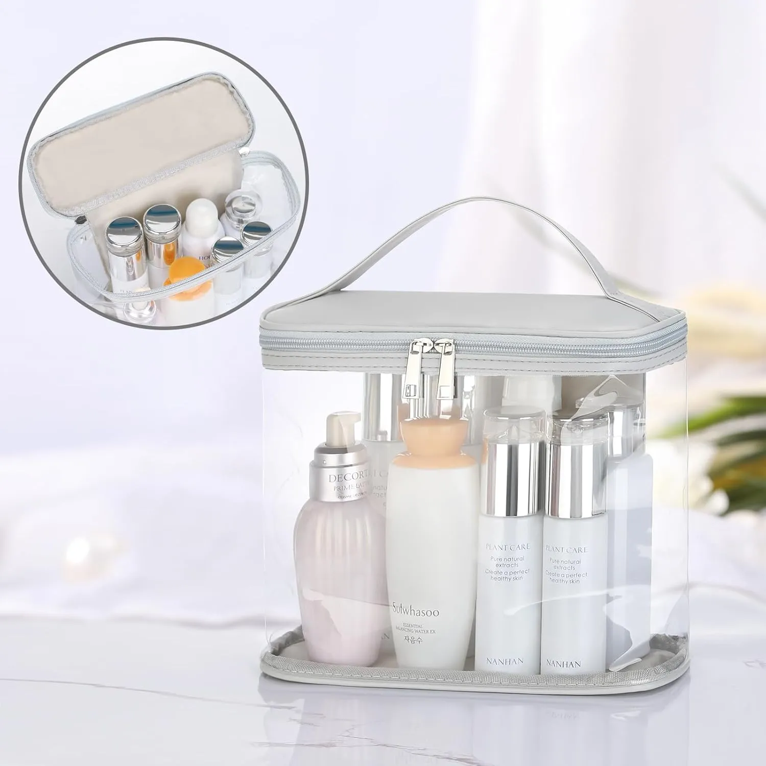 HAOGUAGUA Heavy Duty Leak Proof Clear Travel Bags for Toiletries, Transparent Makeup Cosmetic Bag with Zipper and Handle (1PCS Grey, Large)