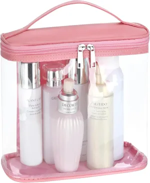 HAOGUAGUA Heavy Duty Leak Proof Clear Travel Bags for Toiletries, Transparent Makeup Cosmetic Bag with Zipper and Handle (Large, 1PCS Pink)