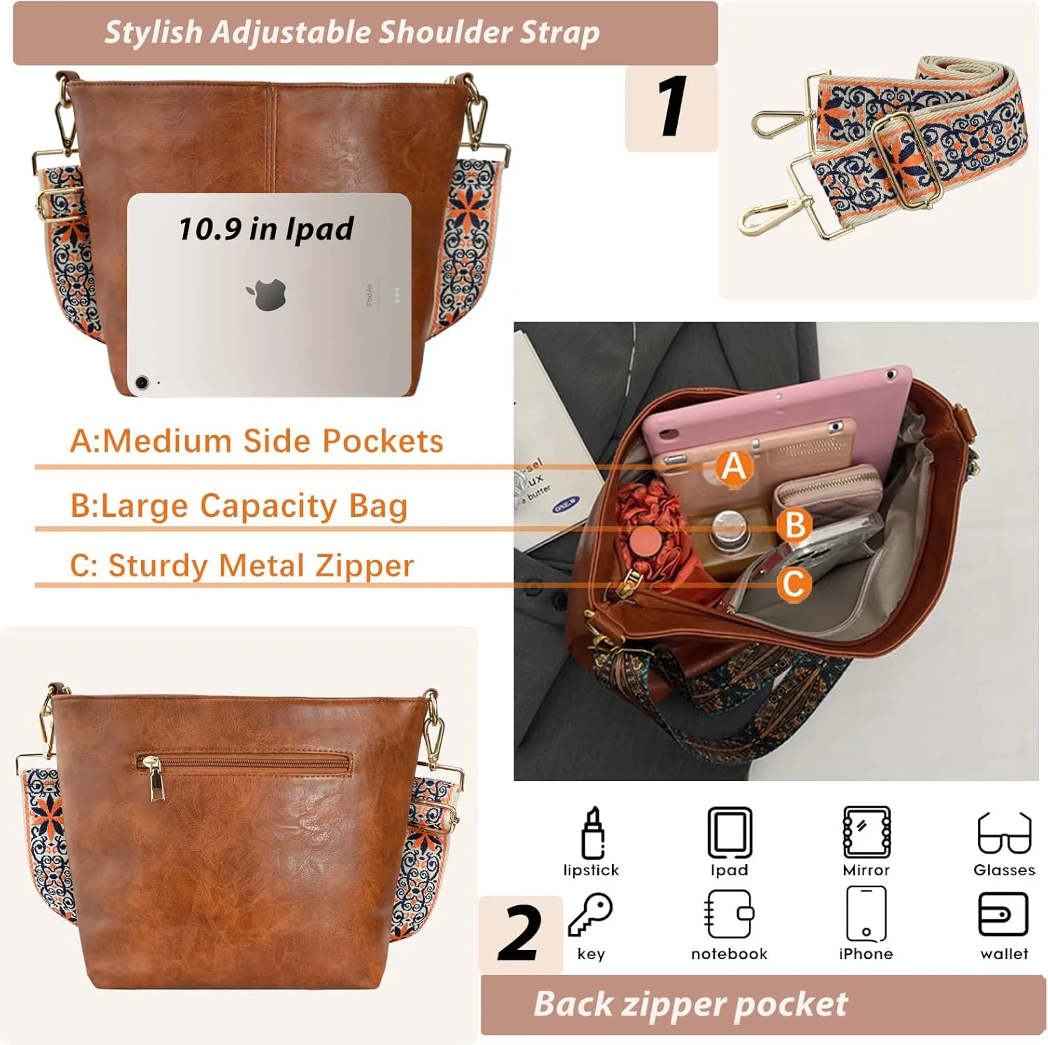 Hobo Bags Vegan Leather Crossbody Bag Guitar Strap Shoulder Purses with Zipper Handbags for Women