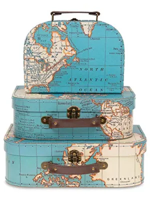 Jewelkeeper Paperboard Suitcases, Set of 3 – Nesting Storage Gift Boxes for Birthday Wedding Easter Nursery Office Decoration Displays Toys Photos – Vintage World Map Design