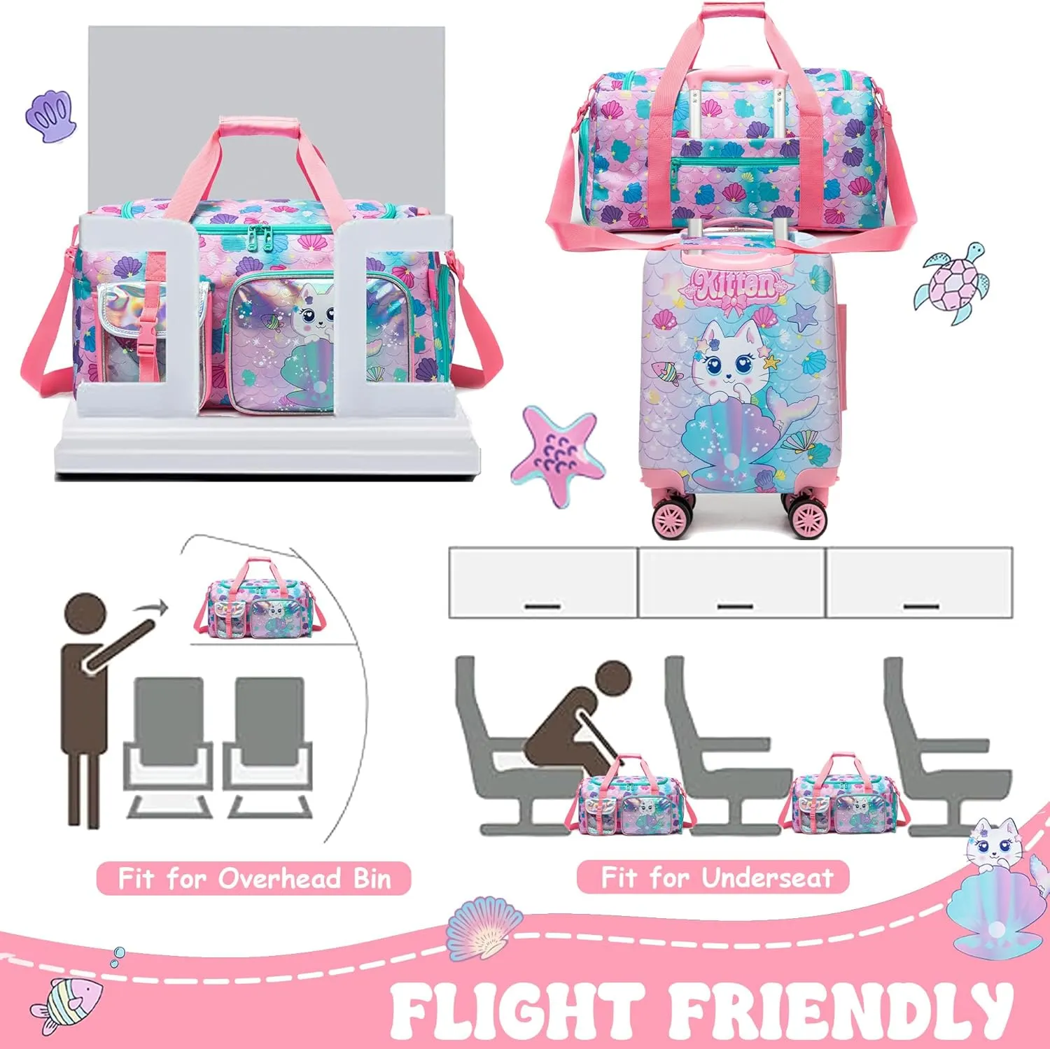 Kid's Luggage Set 3 Piece Suitcase Set 16" Hardside Luggage with Spinner Wheels Girls Boys Carry on Toddler Suitcase with Travel Duffle Bag Airline Approved
