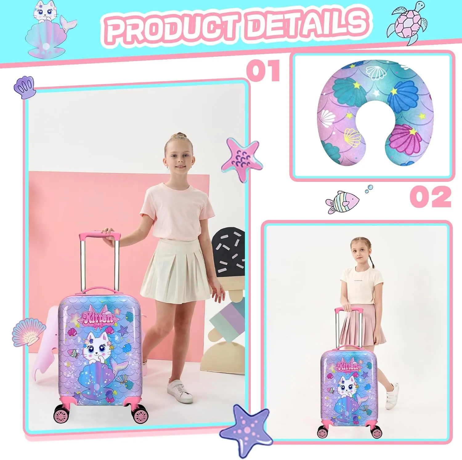 Kid's Luggage Set 3 Piece Suitcase Set 16" Hardside Luggage with Spinner Wheels Girls Boys Carry on Toddler Suitcase with Travel Duffle Bag Airline Approved