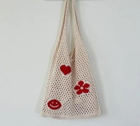 Knitted Women's Shoulder Bags Flowers Summer Beach Totes
