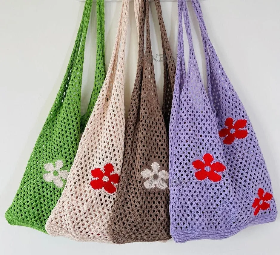 Knitted Women's Shoulder Bags Flowers Summer Beach Totes