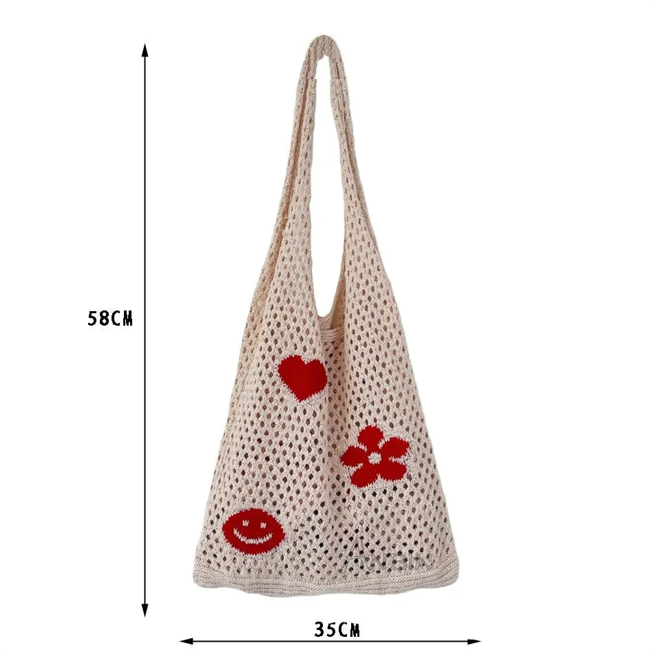 Knitted Women's Shoulder Bags Flowers Summer Beach Totes
