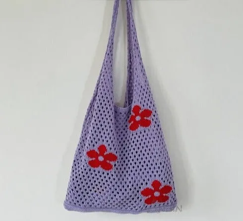 Knitted Women's Shoulder Bags Flowers Summer Beach Totes