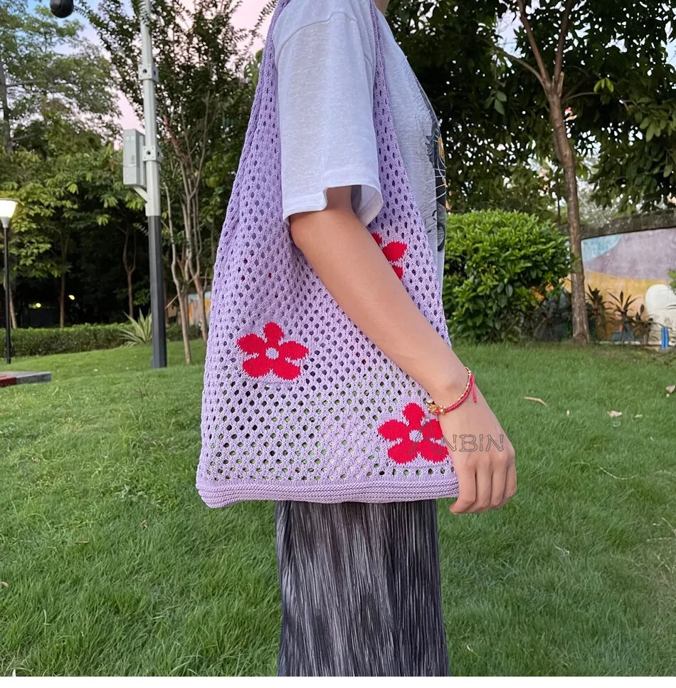 Knitted Women's Shoulder Bags Flowers Summer Beach Totes