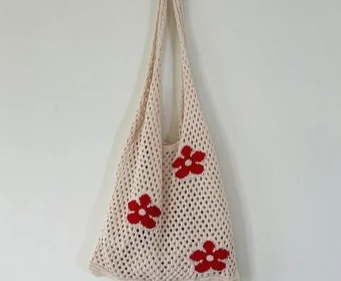 Knitted Women's Shoulder Bags Flowers Summer Beach Totes