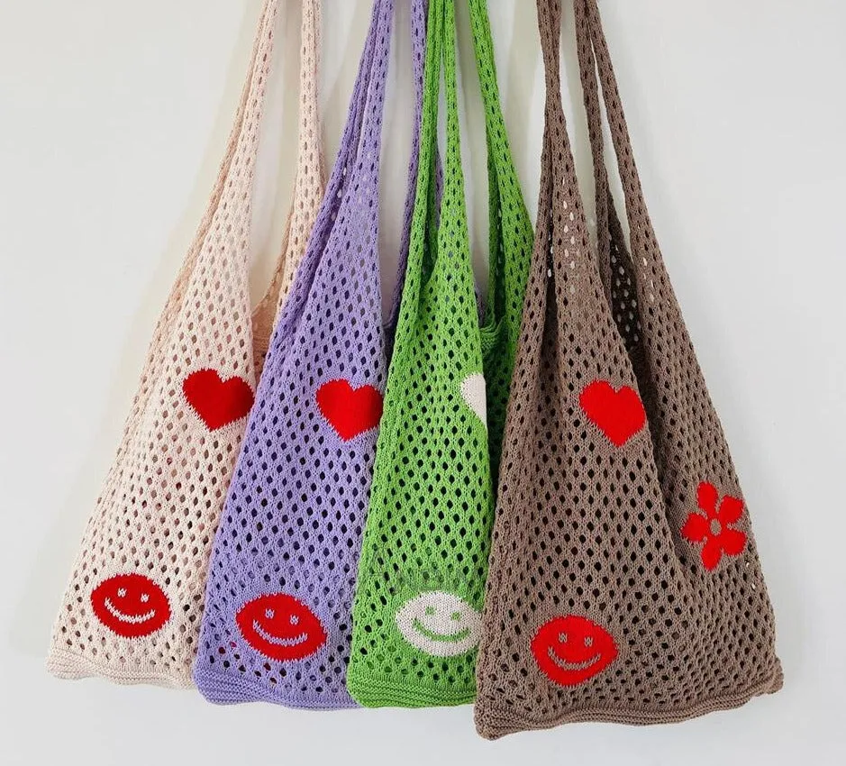 Knitted Women's Shoulder Bags Flowers Summer Beach Totes