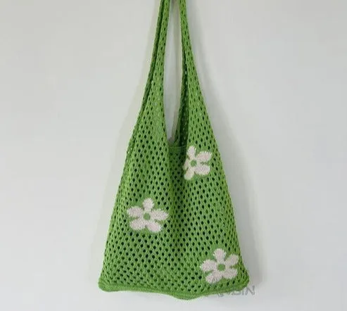Knitted Women's Shoulder Bags Flowers Summer Beach Totes
