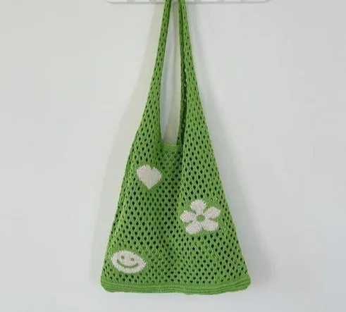 Knitted Women's Shoulder Bags Flowers Summer Beach Totes